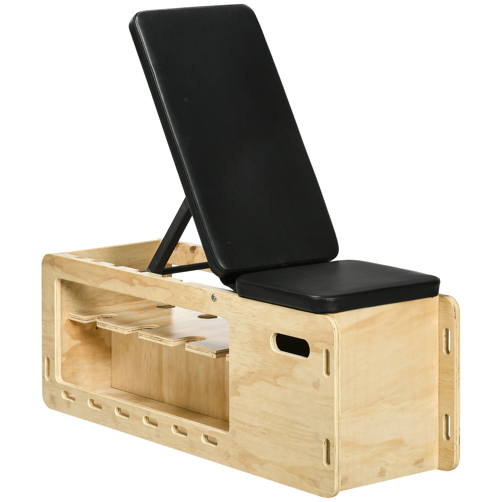 Ein Hocker aus Holz mit schwarzer Polsterung, verstellbar.