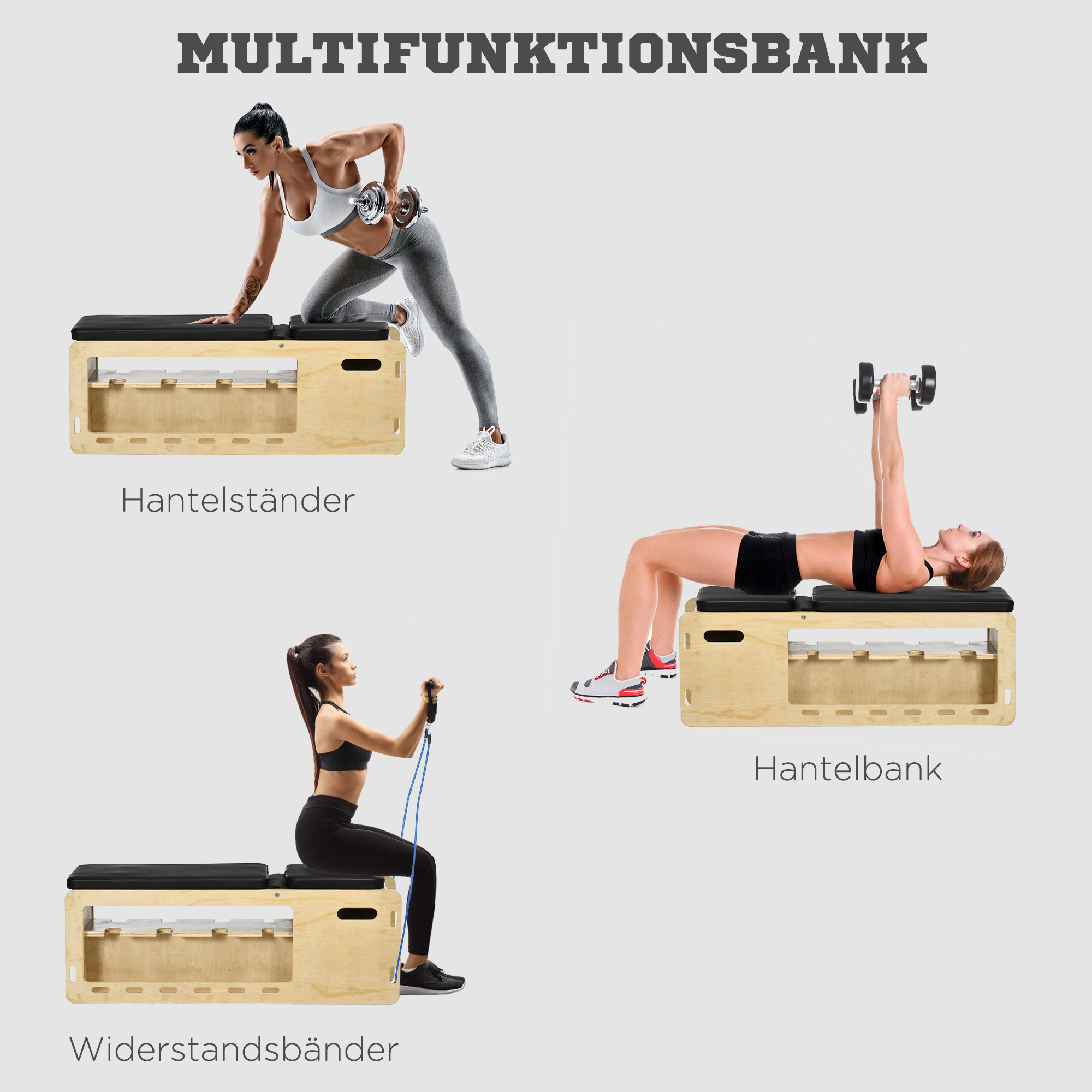 Drei Frauen trainieren auf einer Multifunktionsbank: eine mit Hantel, eine liegend mit Hanteln, eine sitzend mit Band.