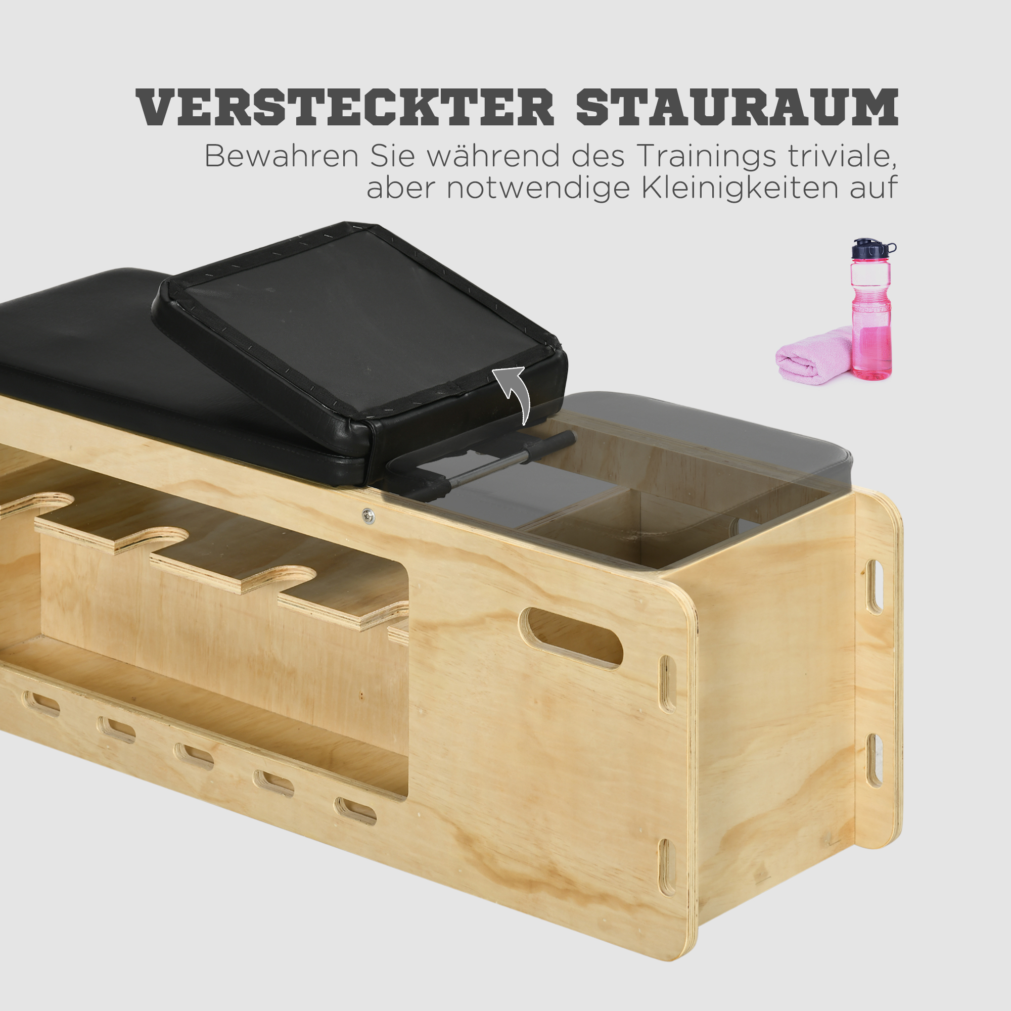 Holzbank mit schwarzem Sitz, verstecktem Fach und einer pinken Wasserflasche.