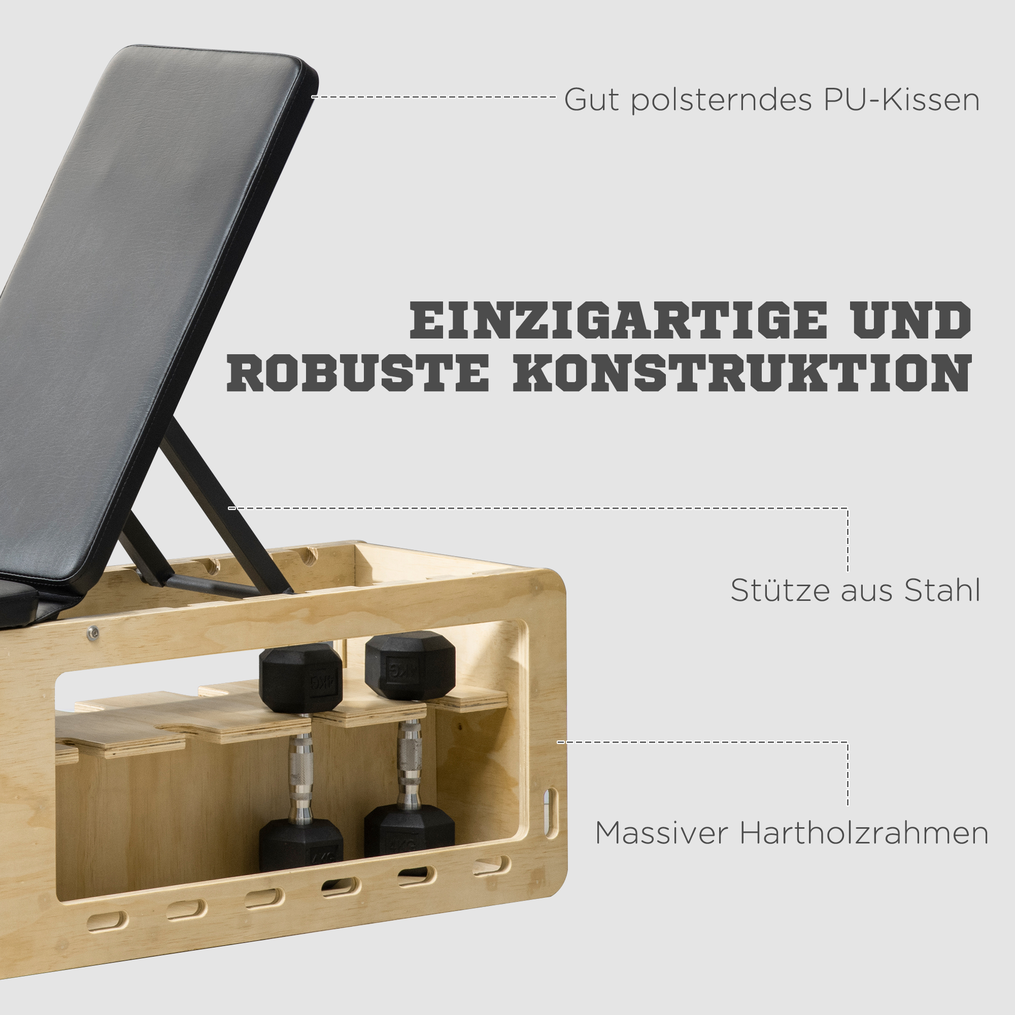Hantelbank mit gepolstertem PU-Sitz, Stahlstützen und Holzrahmen.