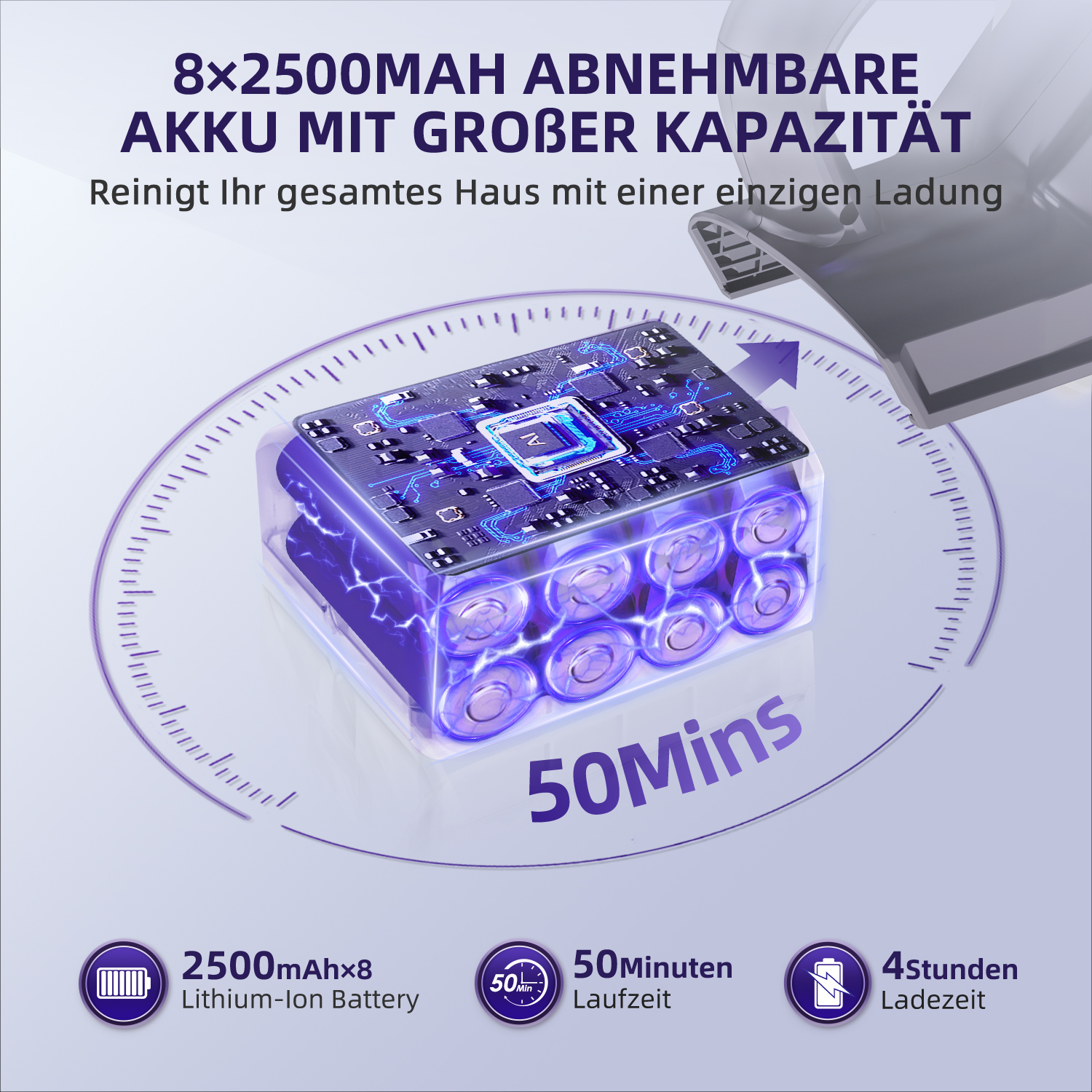 8x 2500mAh Akku mit detaillierter Platine und Anzeige von 50 Minuten Laufzeit.