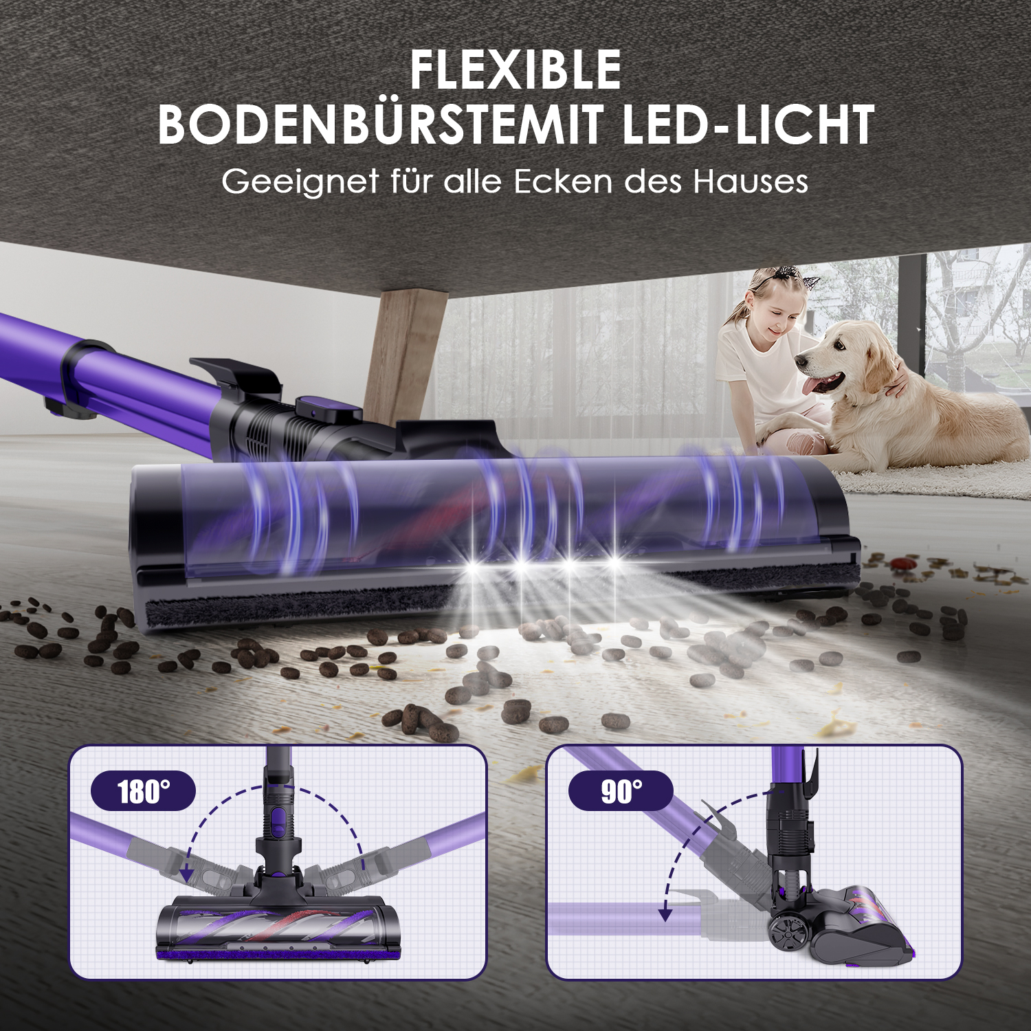 Lila Staubsauger reinigt Boden, LED-Licht beleuchtet Schmutz. Kind und Hund im Hintergrund.