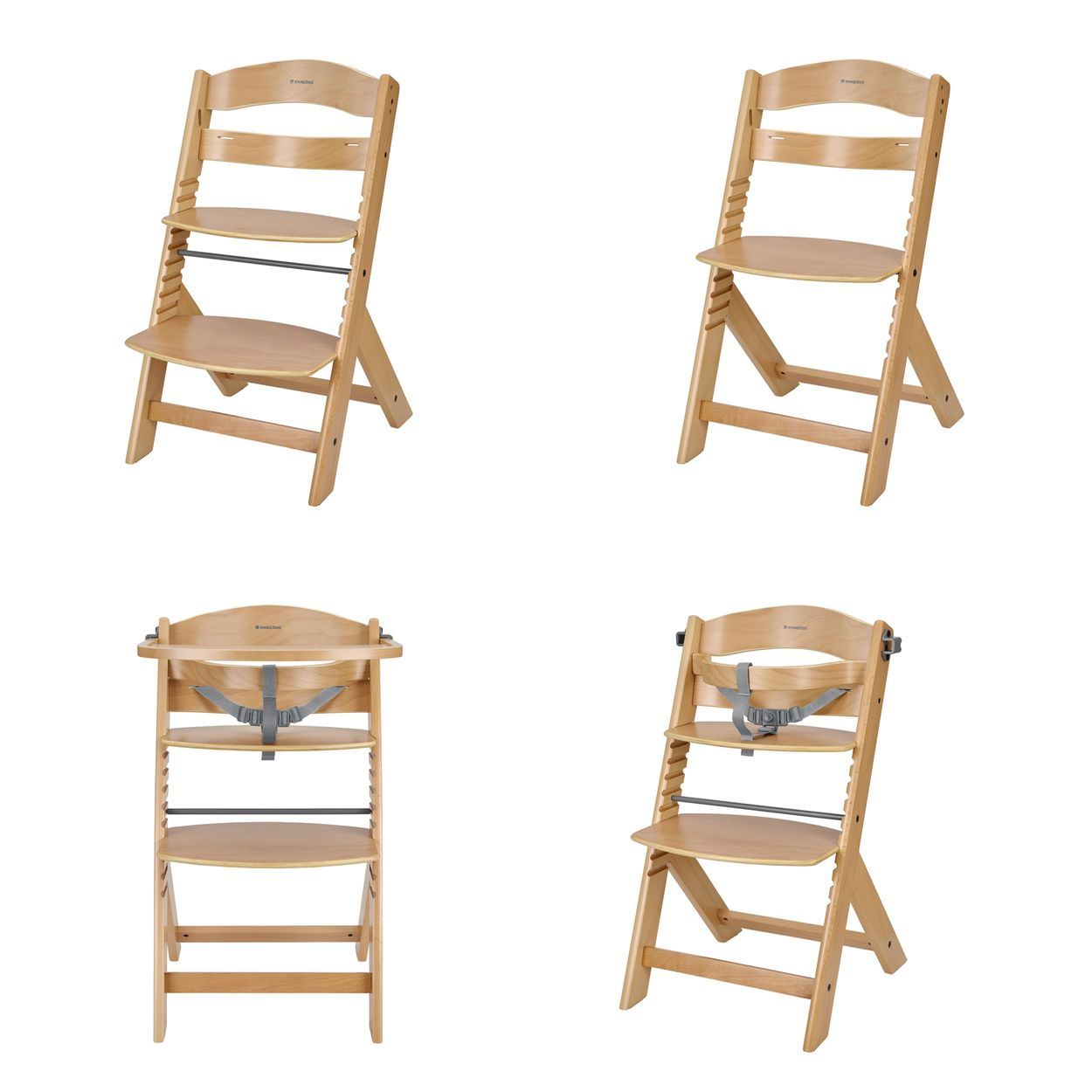 Vier Holz-Hochstühle auf weißem Hintergrund, vorne mit Tablett und Gurt.
