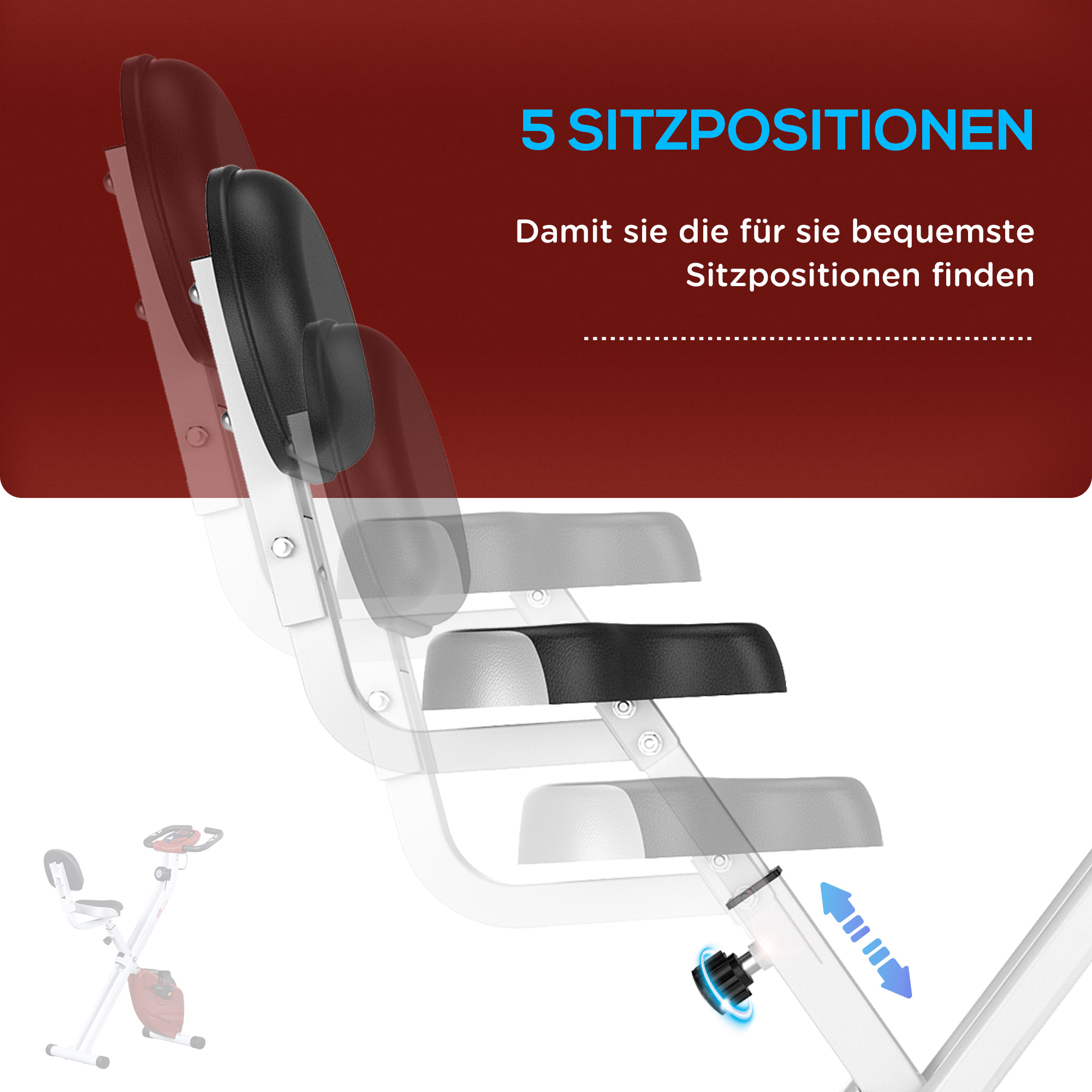 Verstellbare Sitzpositionen eines Heimtrainers mit Text in Deutsch.