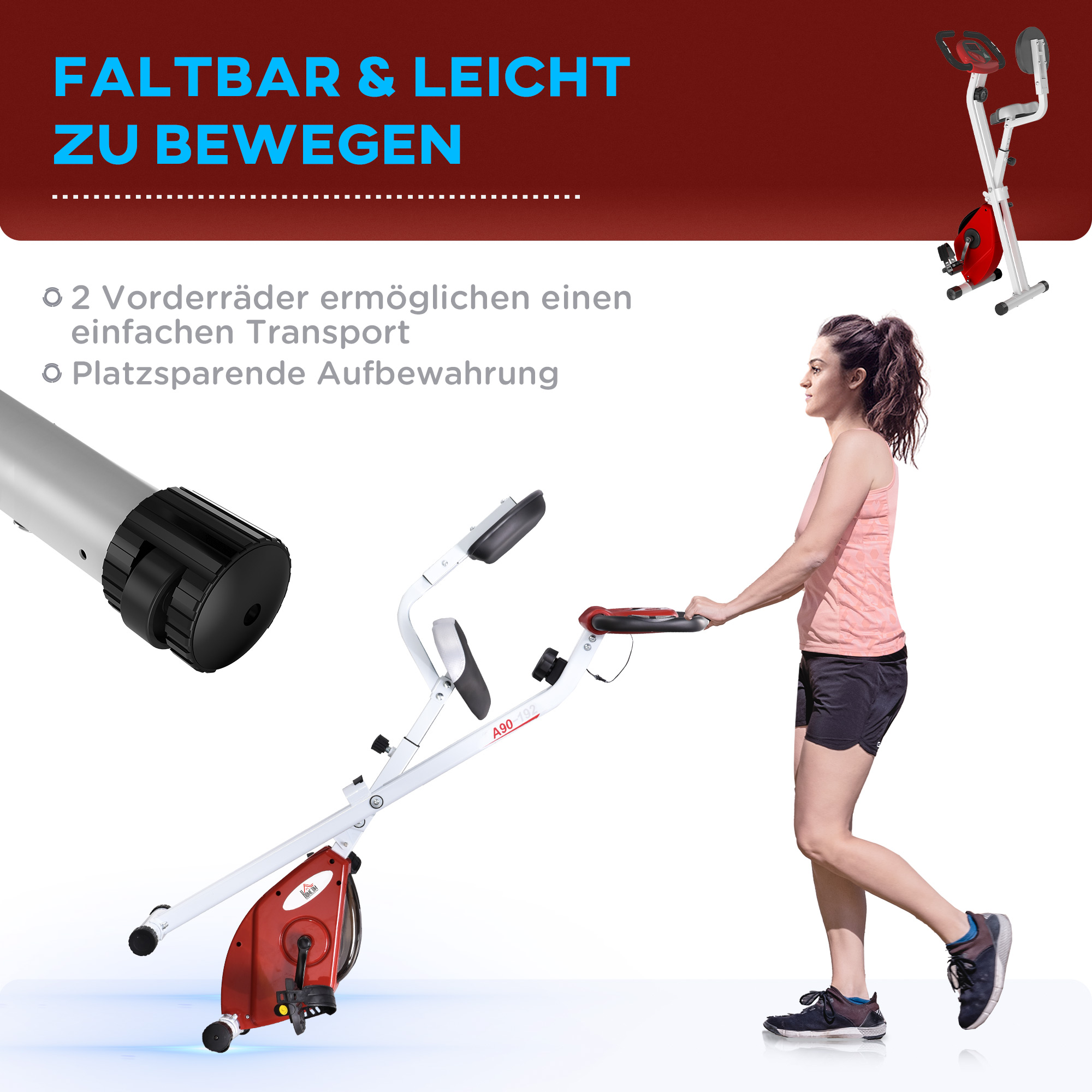 Eine Frau auf einem Heimtrainer. Der Text besagt: Faltbar & leicht zu bewegen.