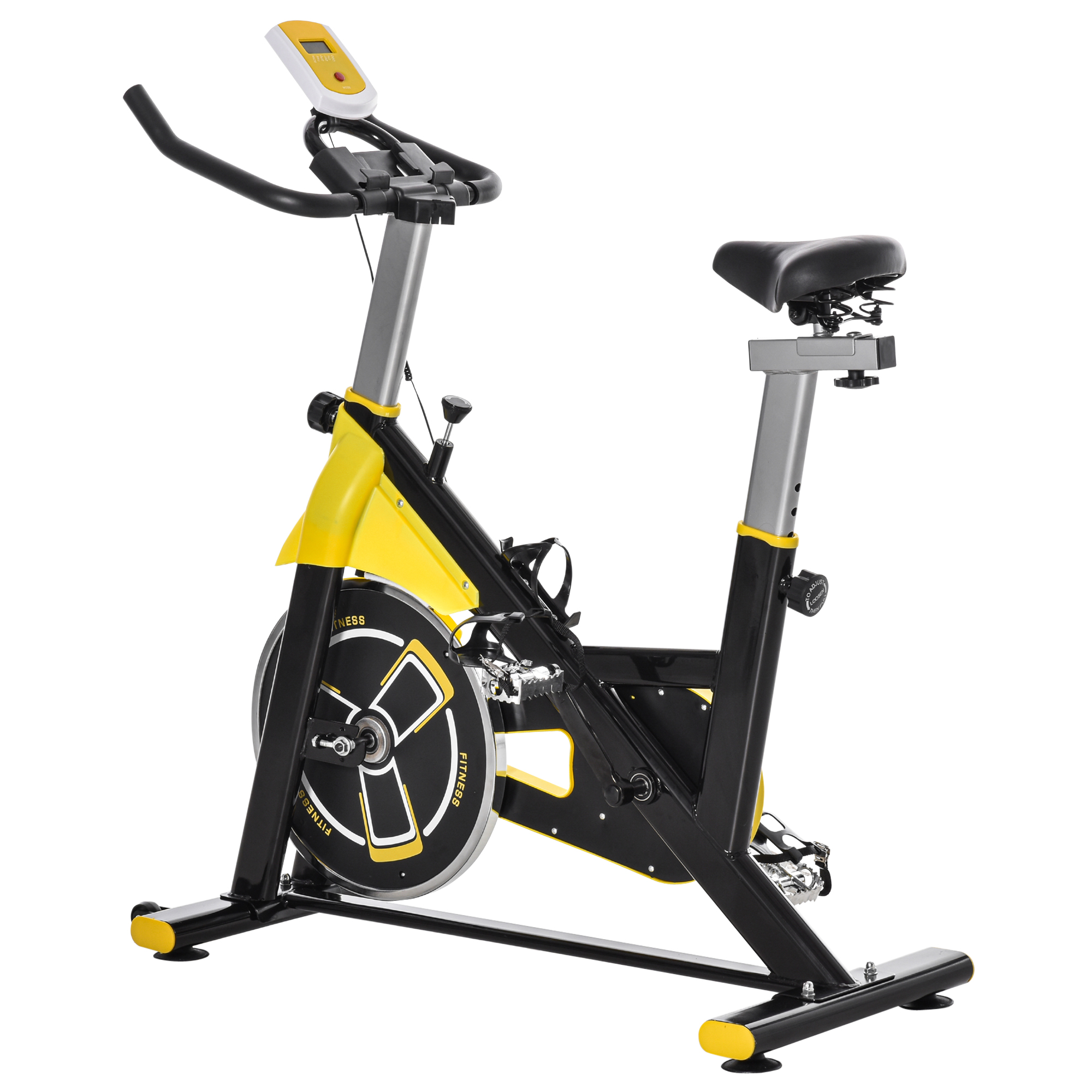 Ein schwarzes und gelbes Spin-Bike mit digitalem Display und verstellbarem Sattel.