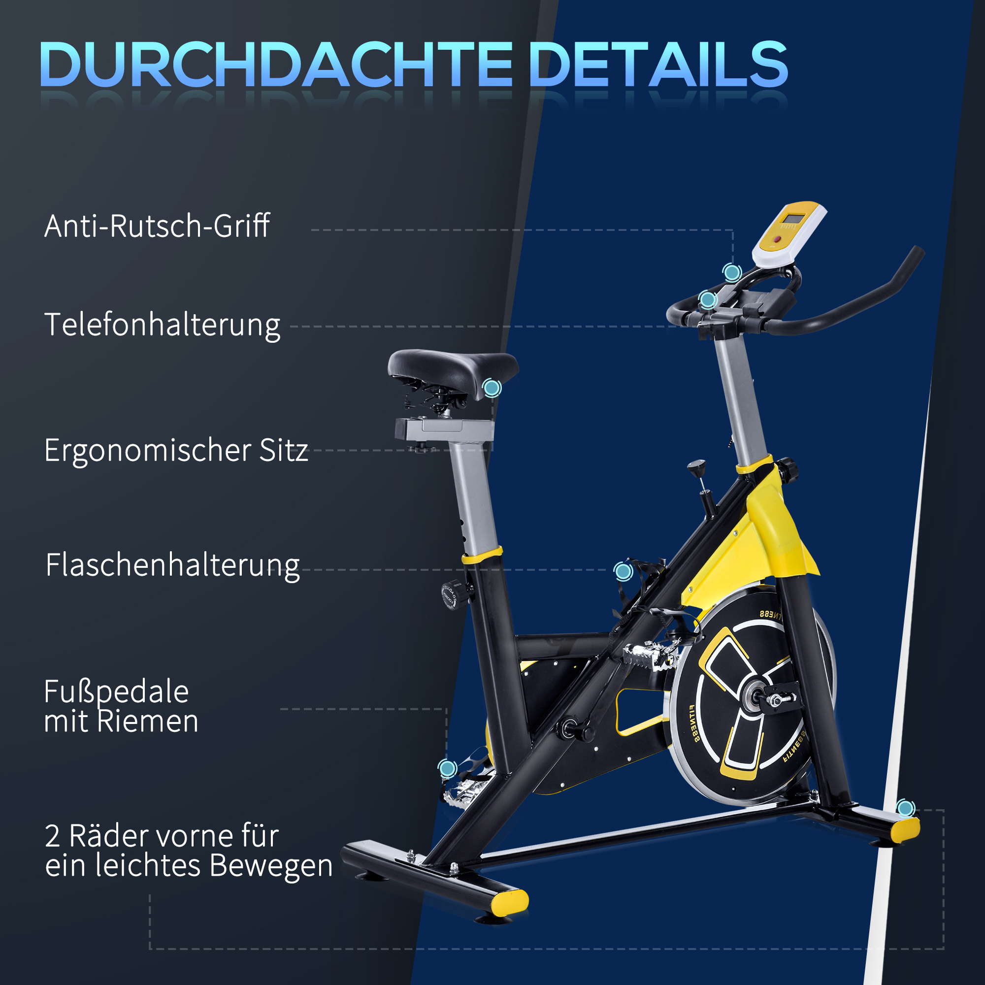 Ein schwarzes und gelbes Indoor-Fahrrad mit Beschriftungen.