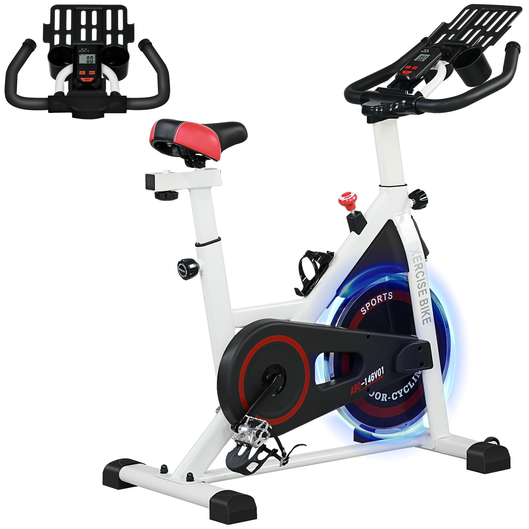 Ein weißes Trainingsfahrrad mit rotem und schwarzem Sattel und digitaler Anzeige.