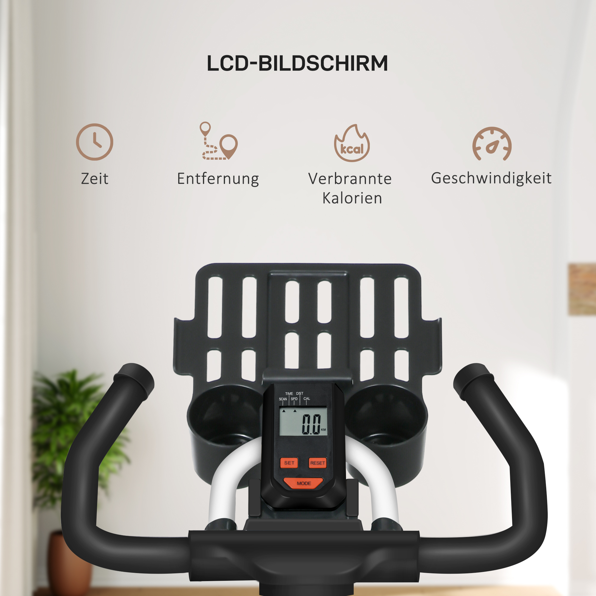 LCD-Bildschirm mit Icons für Zeit, Entfernung, Kalorien und Geschwindigkeit.