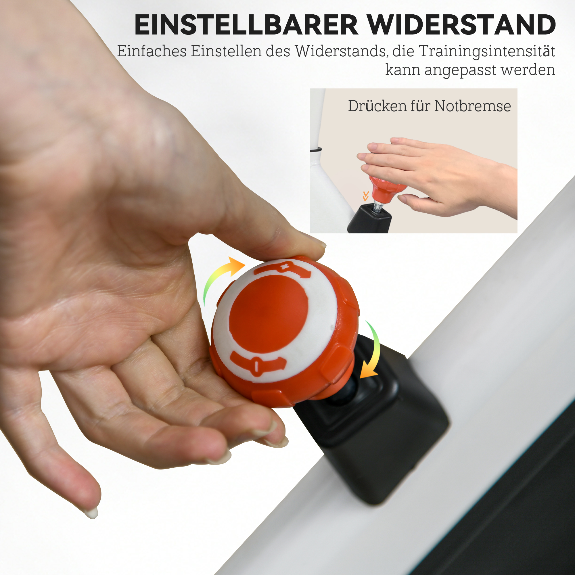 Eine Hand dreht einen roten Knopf mit weißem Kreis. Pfeile zeigen Drehrichtung.