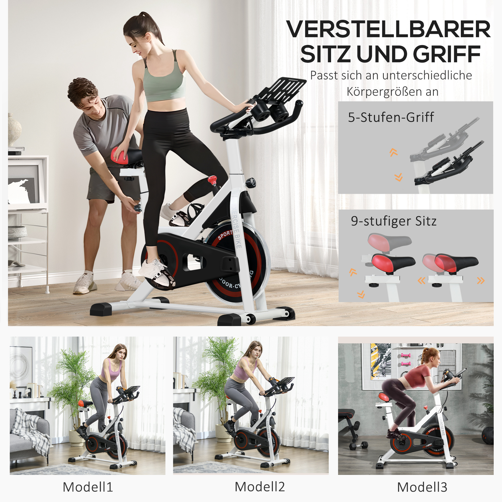 Mann hilft Frau am Heimtrainer. Text beschreibt Sitz- und Griffanpassung.