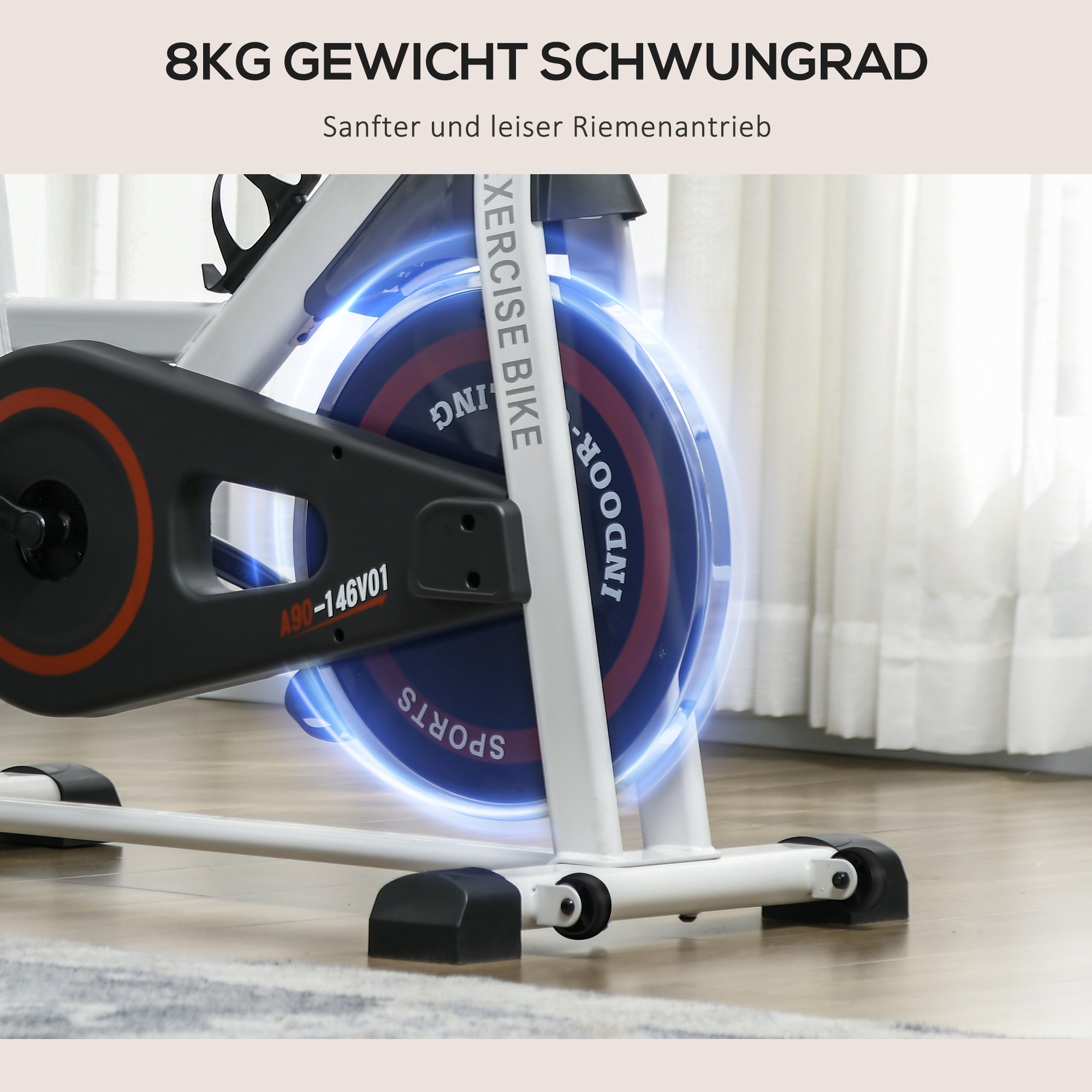 Naheaufnahme eines Indoor-Sportfahrrads mit 8kg Schwungrad und blauem Leuchteffekt.