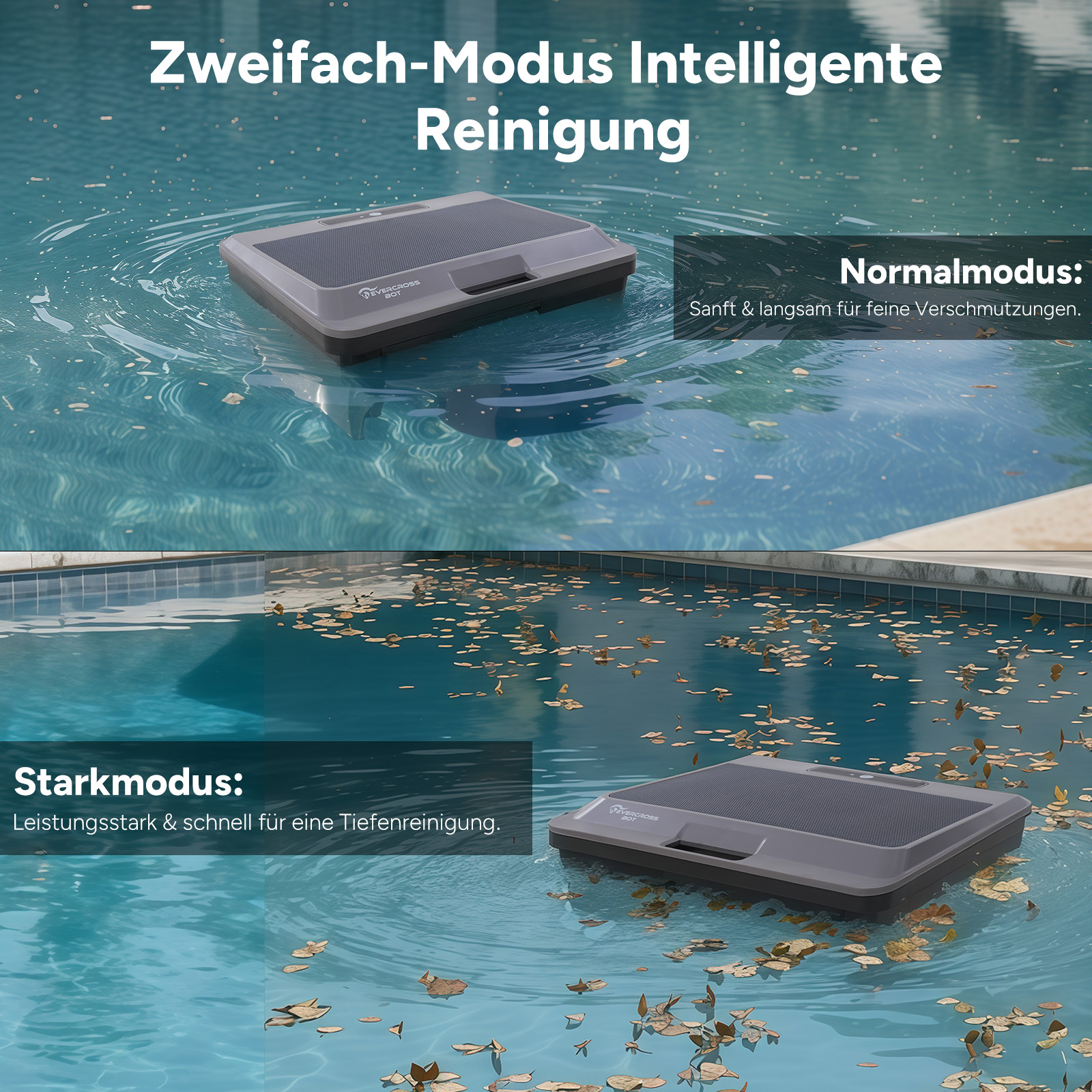 Ein Poolreiniger im Normal- und Starkmodus. Blätter treiben auf dem Wasser.