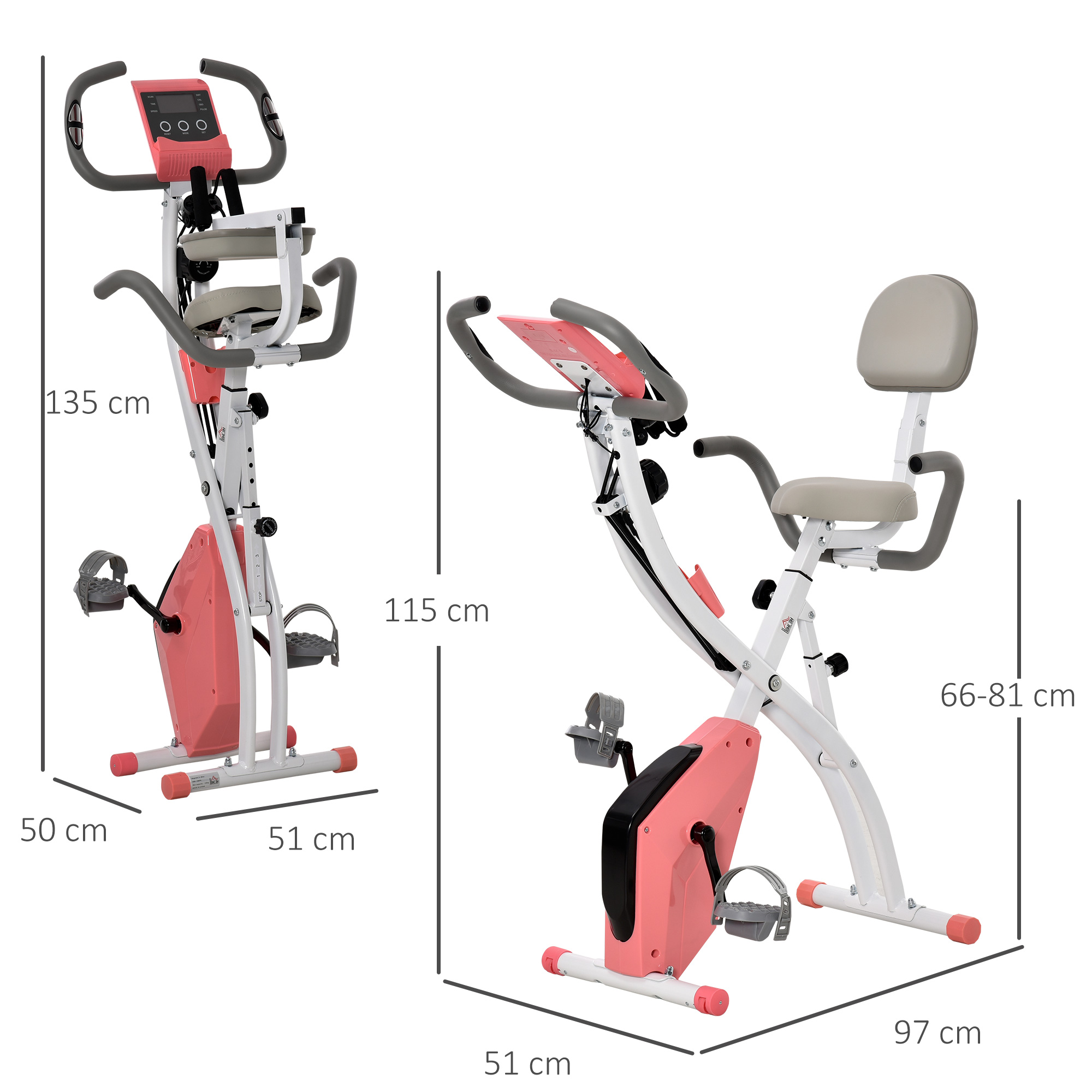 Zwei faltbare Heimtrainer in Rosa und Weiß mit Displays und Maßen.