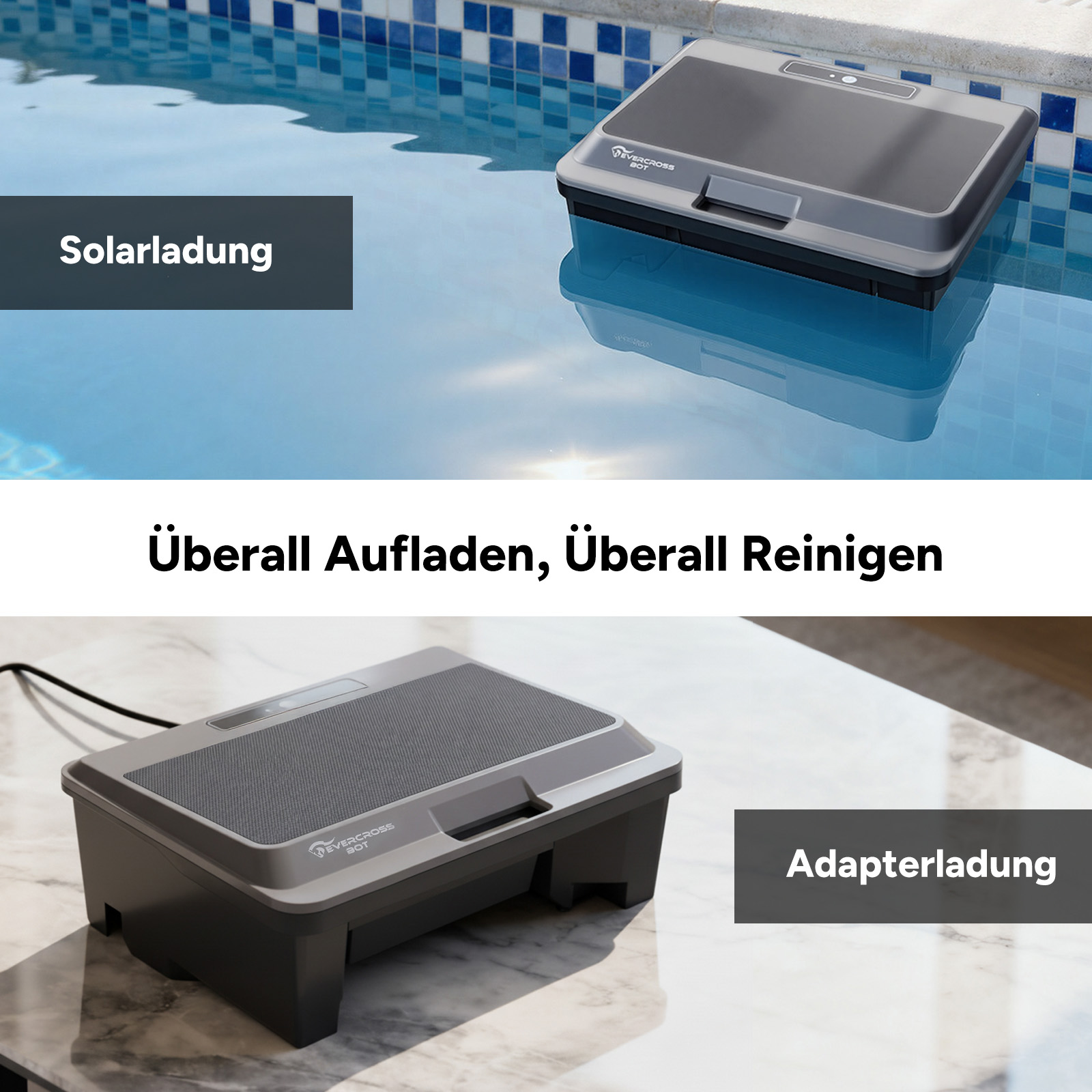Ein Poolreiniger im Wasser und ein weiteres auf einer Marmorplatte.