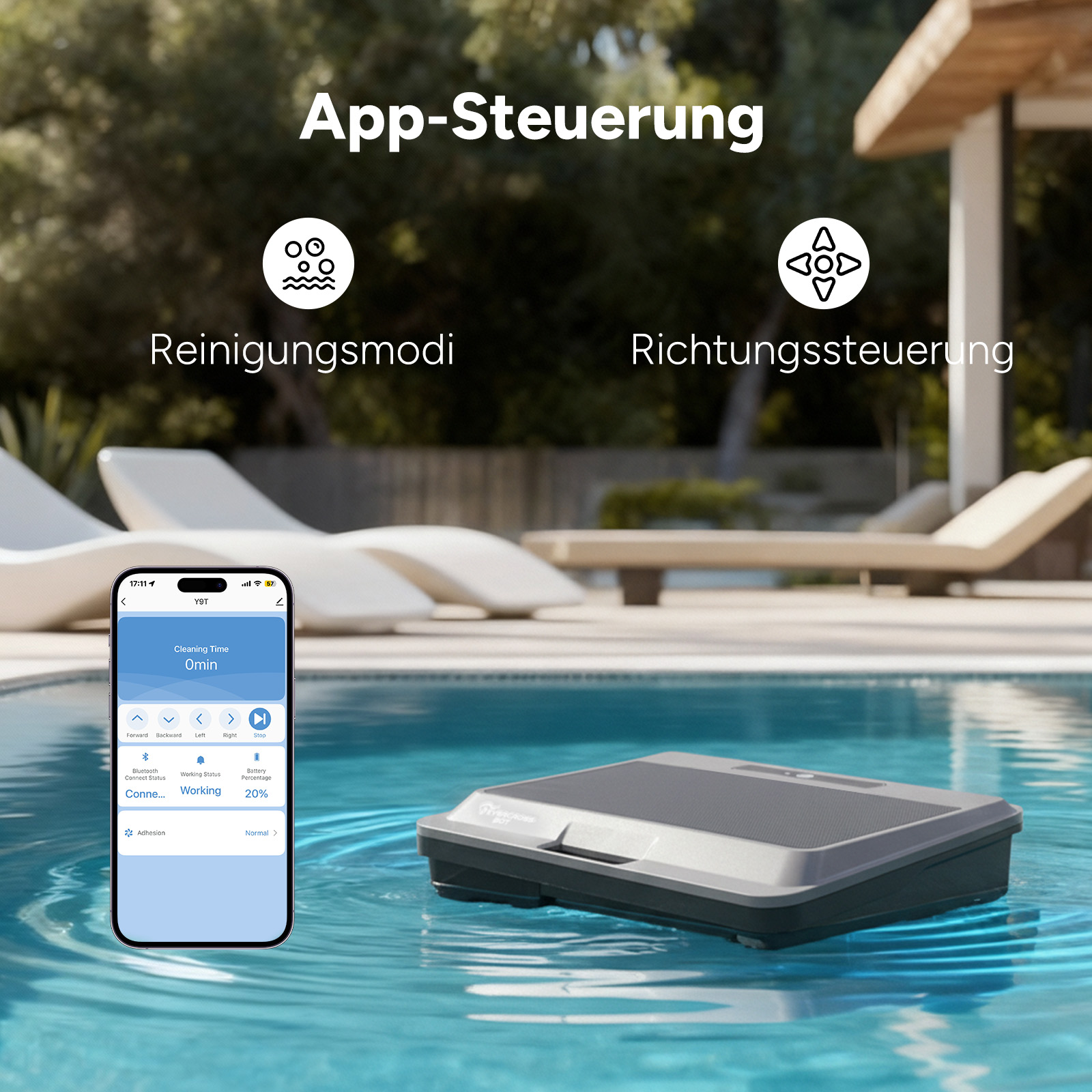 Ein Poolroboter schwimmt im Wasser, neben einem Smartphone mit App-Steuerung.