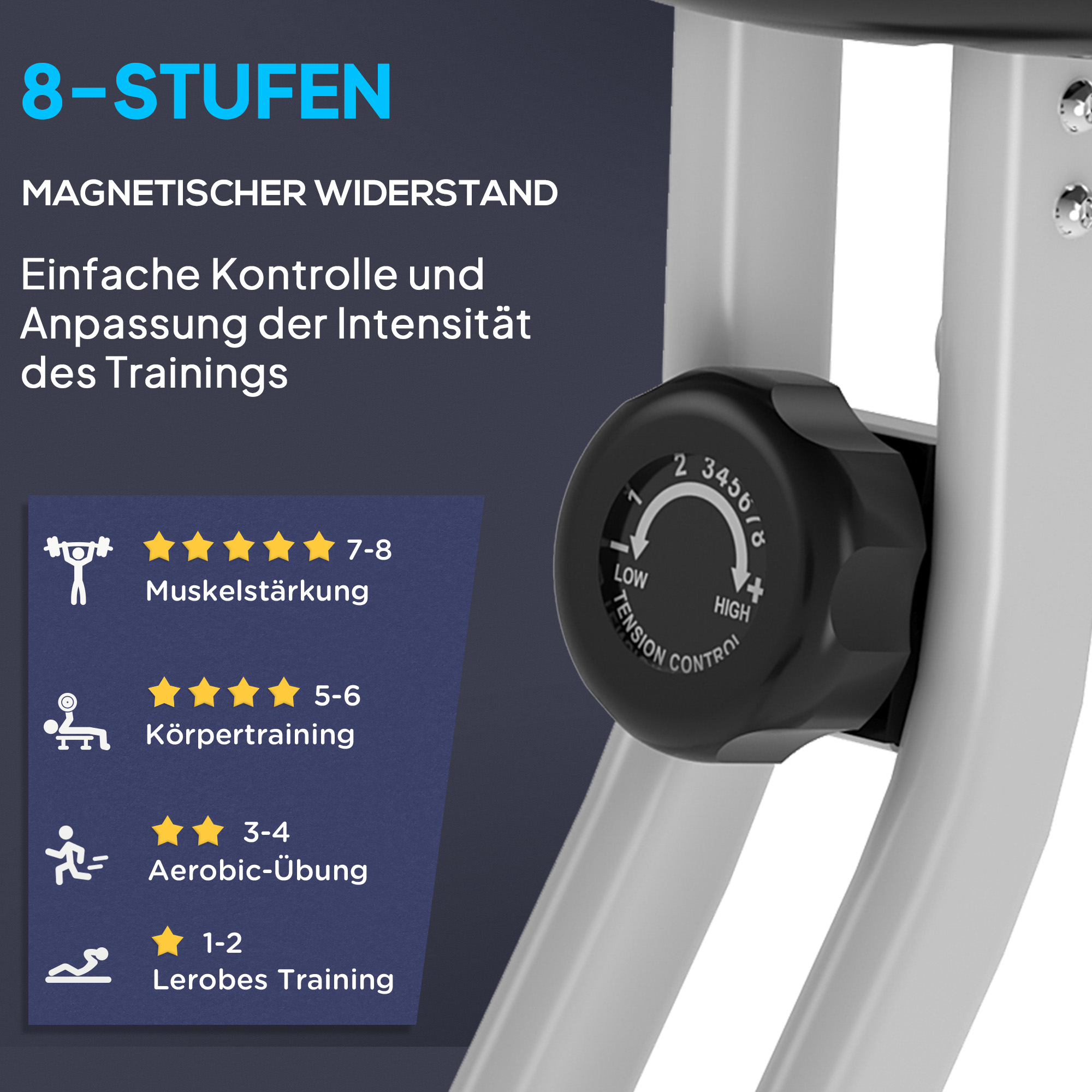 8 Stufen magnetischer Widerstand mit Einstellknopf für Training.