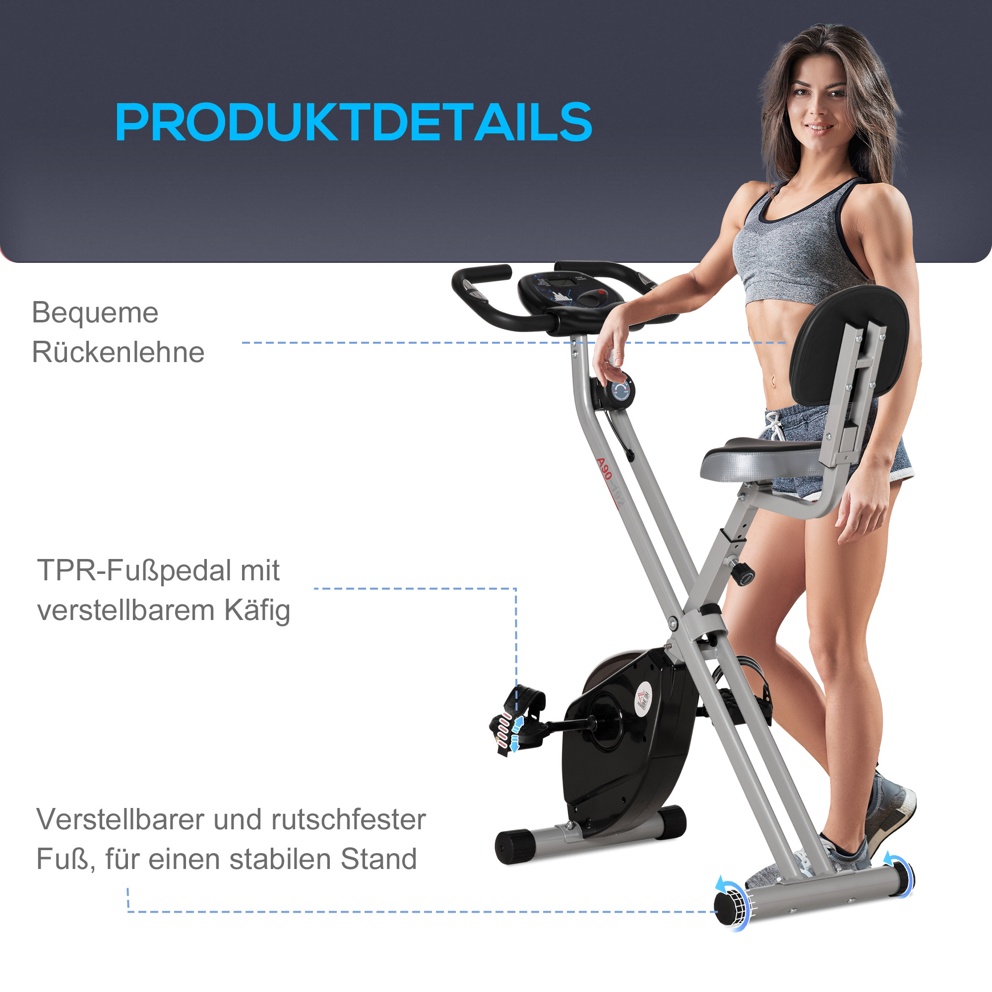 Frau steht neben einem faltbaren Heimtrainer mit Produktmerkmalen.