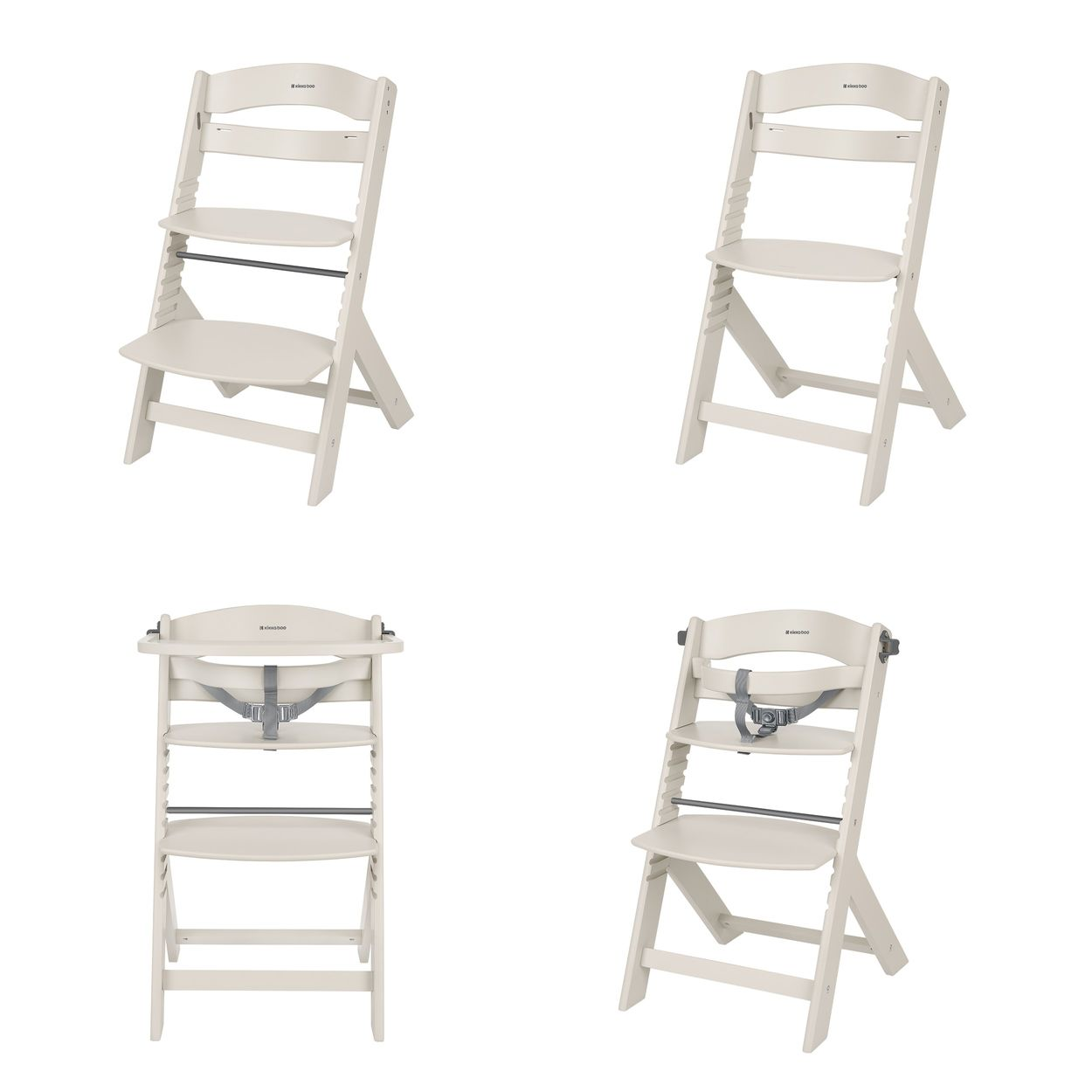 Vier weiße Hochstühle, zwei nebeneinander oben, zwei unten.