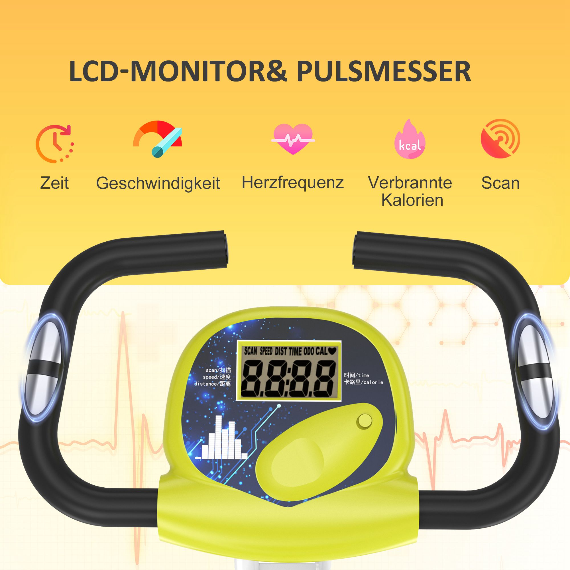 Ein Trainingsrad-Display mit Griffen, das Zeit, Geschwindigkeit, Herzfrequenz, Kalorien anzeigt.