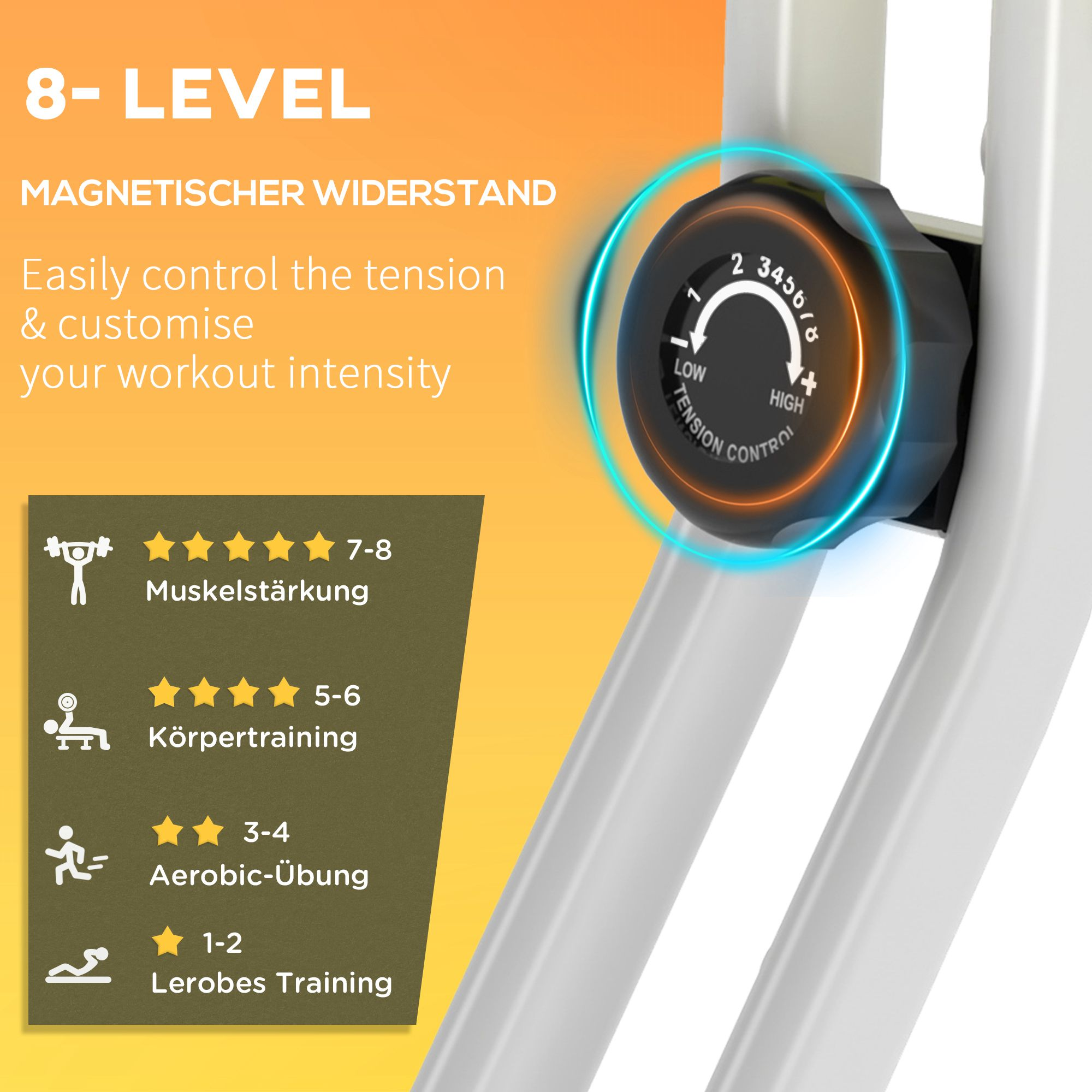 Ein Trainingsgerät mit 8-stufiger Magnetwiderstandskontrolle und Trainingsstufen.