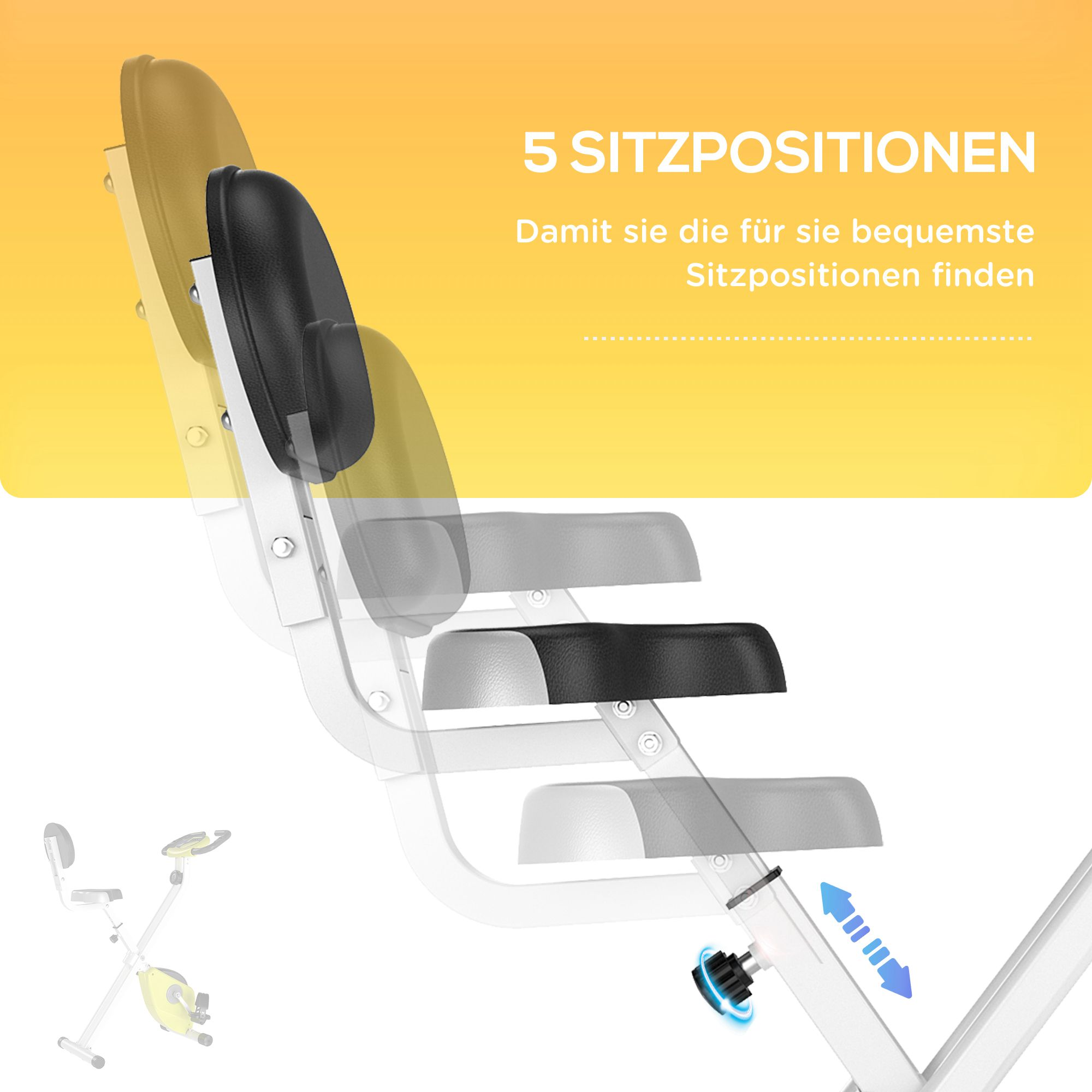 Faltbares Ergometer mit 5 Sitzpositionen und gelber Akzentfarbe.