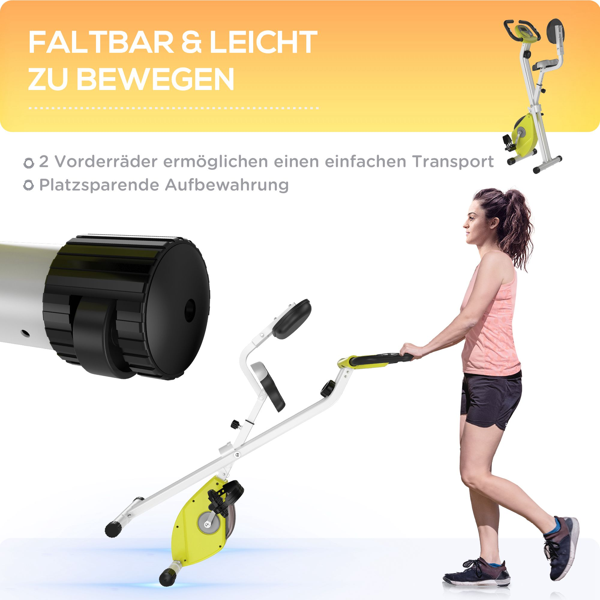 Eine Frau trainiert auf einem klappbaren Heimtrainer mit gelben Akzenten.