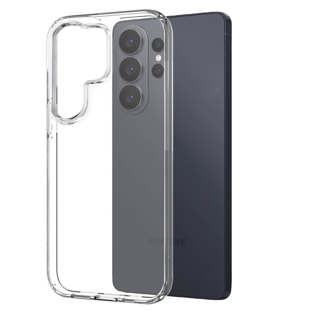 Una custodia trasparente per telefono accanto a uno smartphone scuro.