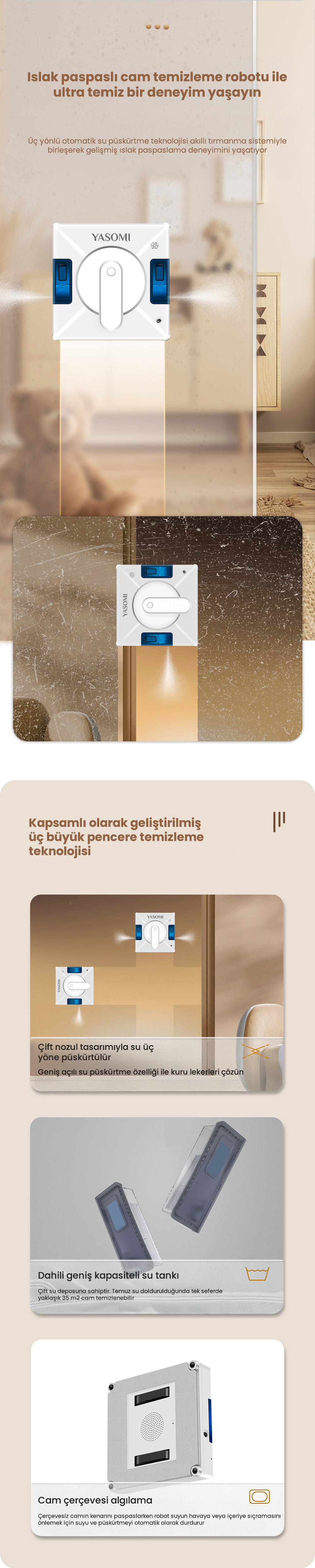 Mavi vurgulu beyaz pencere temizleme robotu pencereye su püskürtüyor.