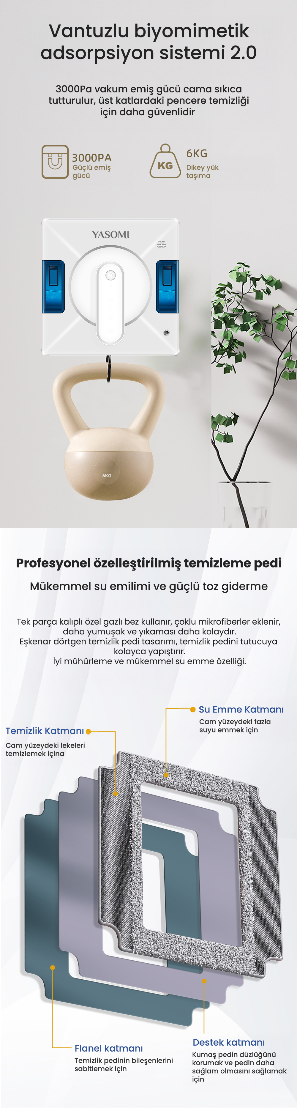 YASOMI Perimax YV509 Kumandalı Smart Uygulamalı Su Püskürtme 3000Pa Akıllı 62 W Akıllı Cam Silme Robotu Beyaz