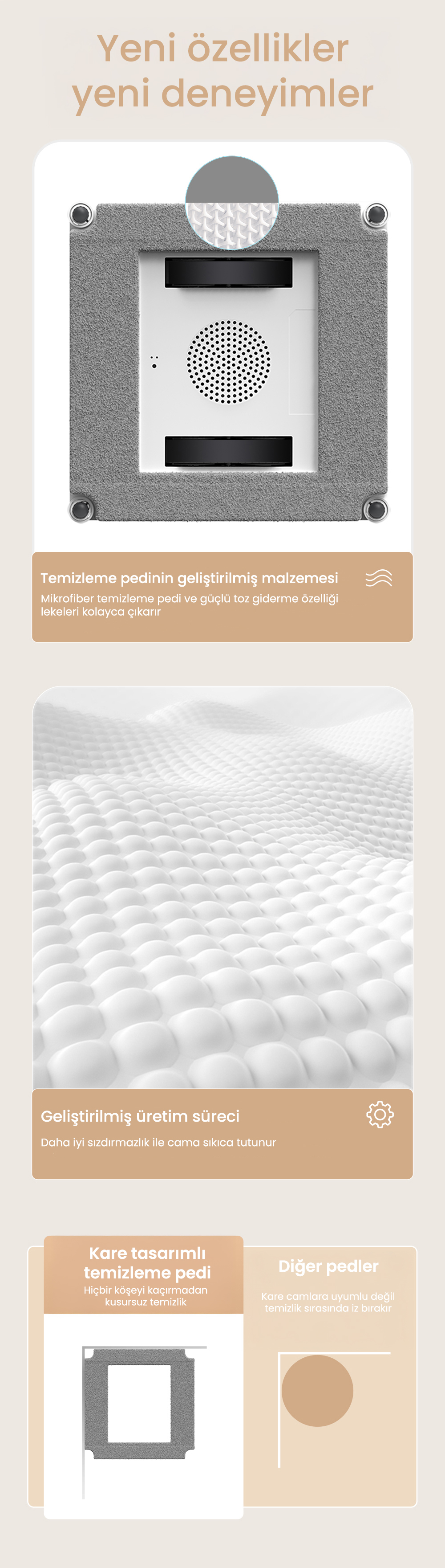Mikrofiber pedli ve güçlü toz gidermeli pencere temizleme cihazı.