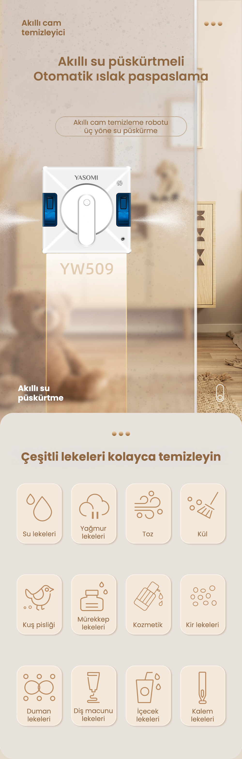 Beyaz bir pencere temizleme robotu pencere yüzeyine su püskürtüyor.