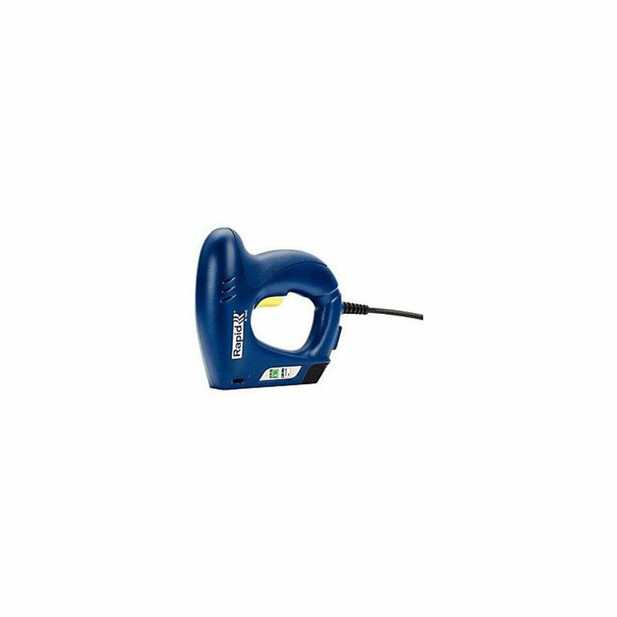 Una graffatrice elettrica blu con grilletto giallo e cavo nero.