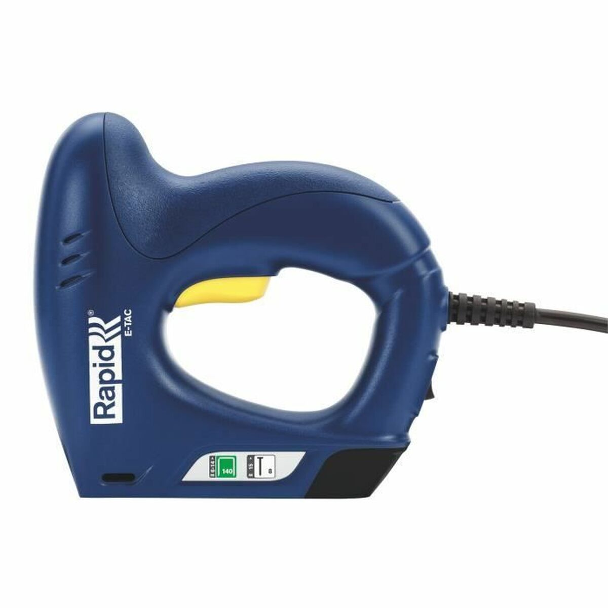 Cucitrice elettrica blu con grilletto giallo e cavo nero.
