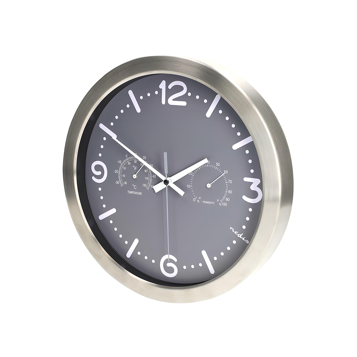Graue Wanduhr mit silbernem Rahmen, zeigt Zeit, Temperatur und Luftfeuchtigkeit.
