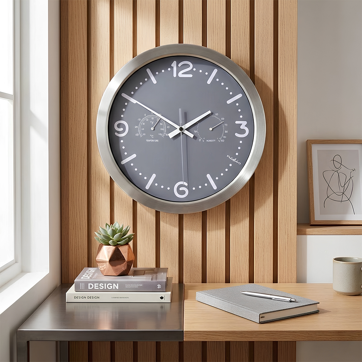 Eine Wanduhr mit Thermometer und Hygrometer hängt an einer Holzwand.