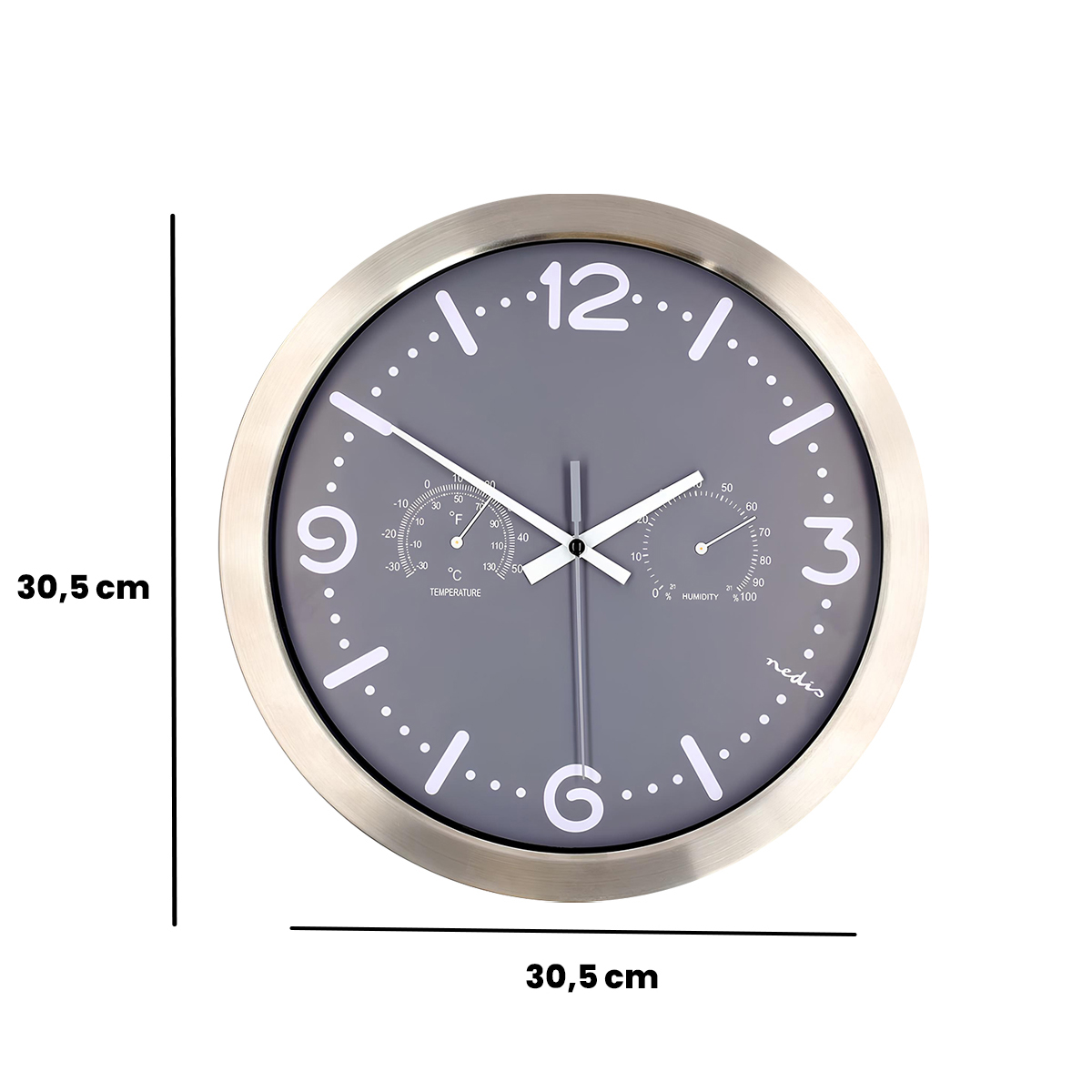 Graue Wanduhr mit Thermometer und Hygrometer, 30,5 cm Durchmesser.