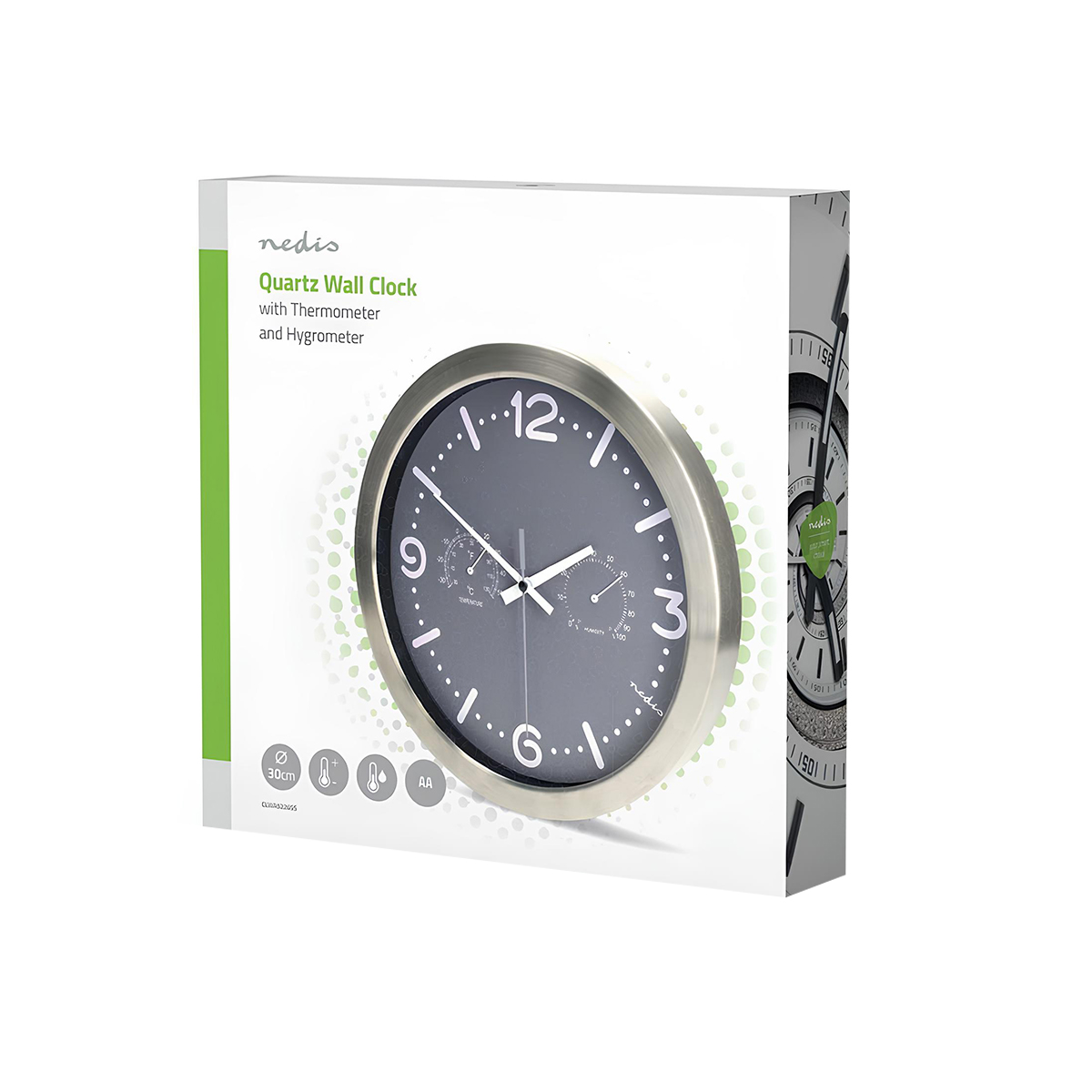 Nedis Quarzwanduhr mit Thermometer und Hygrometer, 30cm, silberner Rahmen.