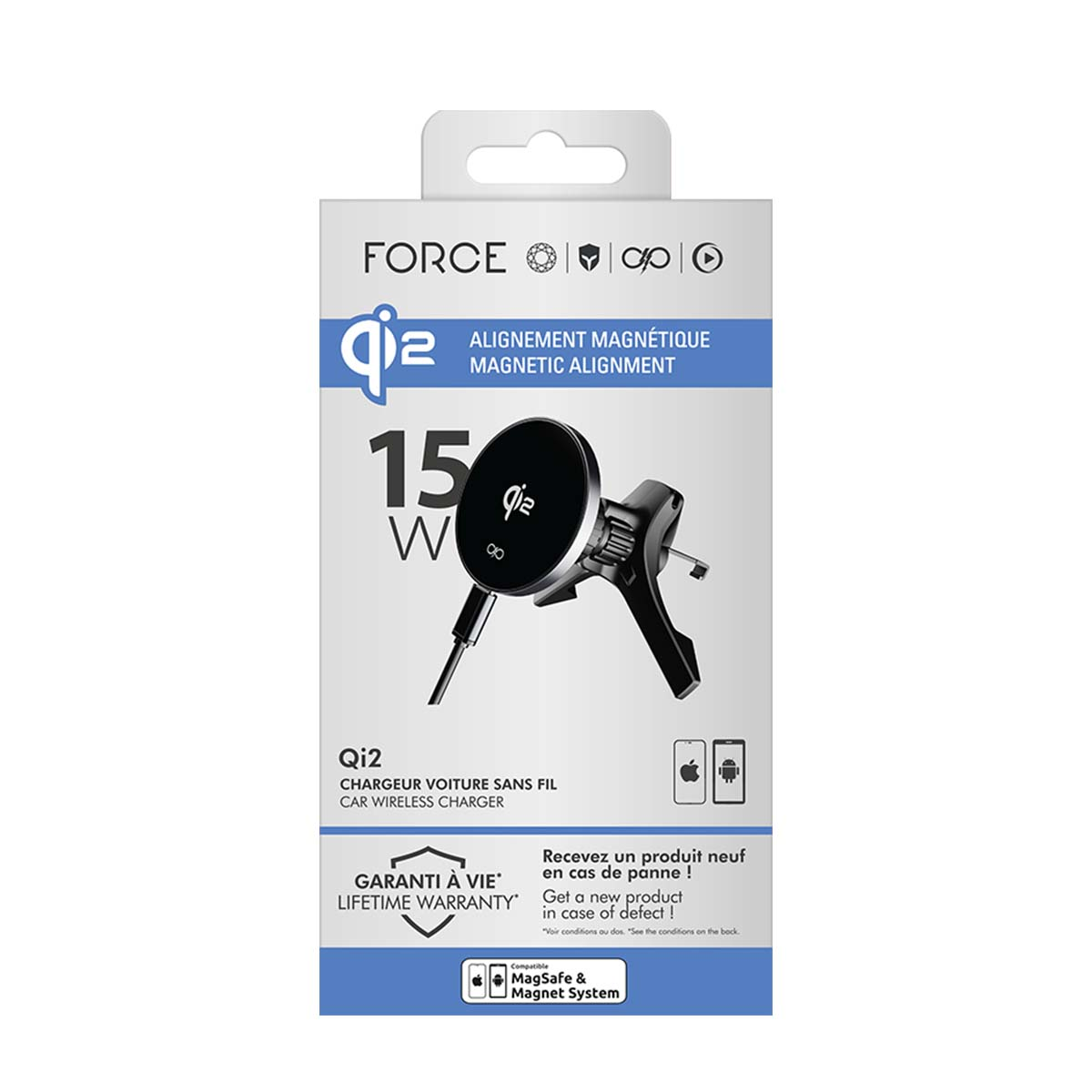 Verpackung eines schwarzen Qi2 Magnet-Autoladegeräts mit 15W Leistung.