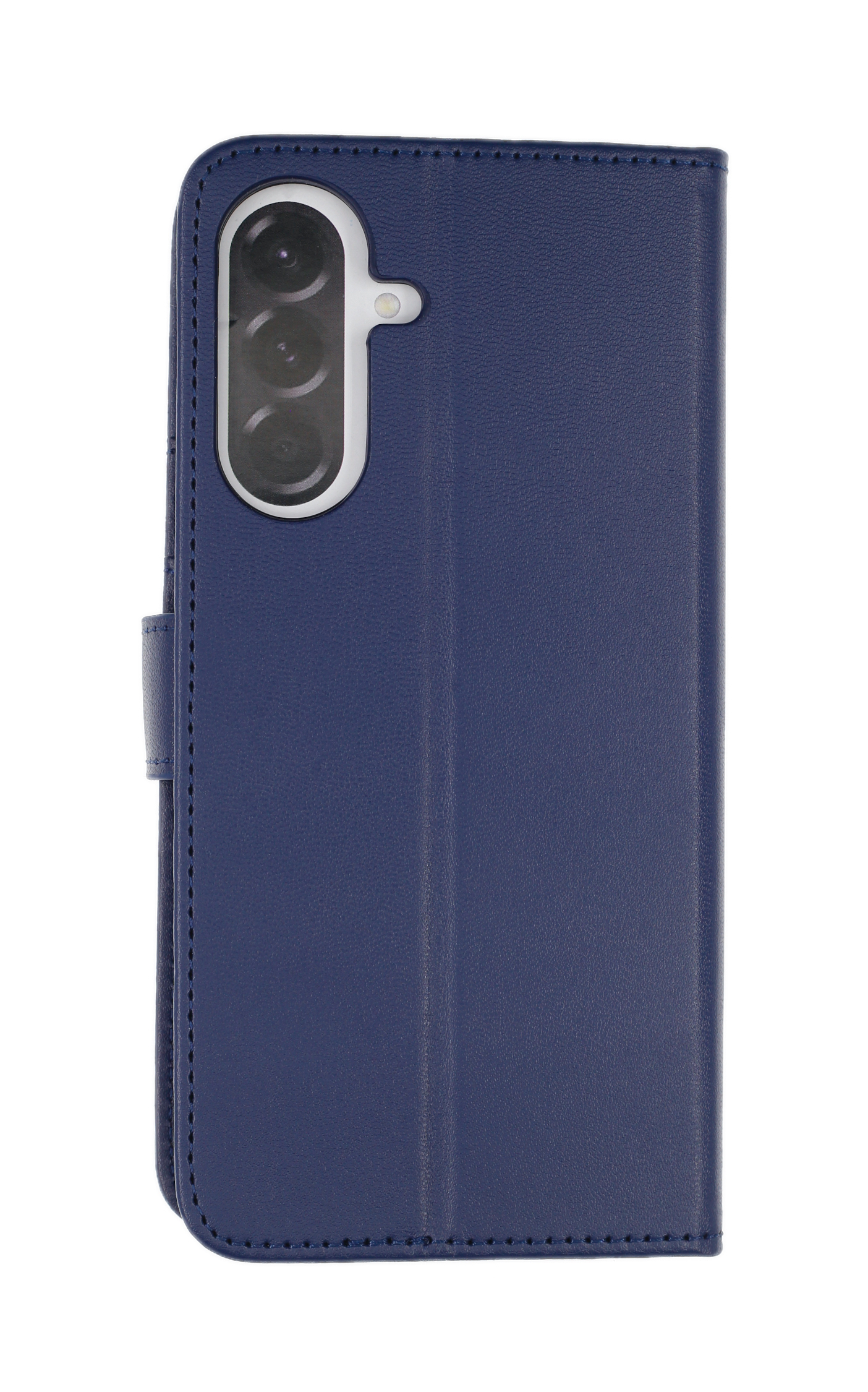Dunkelblaue Handyhülle aus Leder mit Kamerabezug und Nähten.