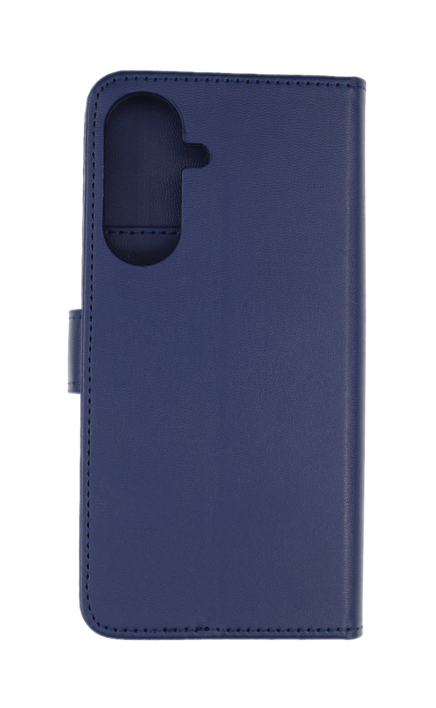 Dunkelblaue Lederhülle für ein Smartphone mit Ausschnitt für die Kamera.