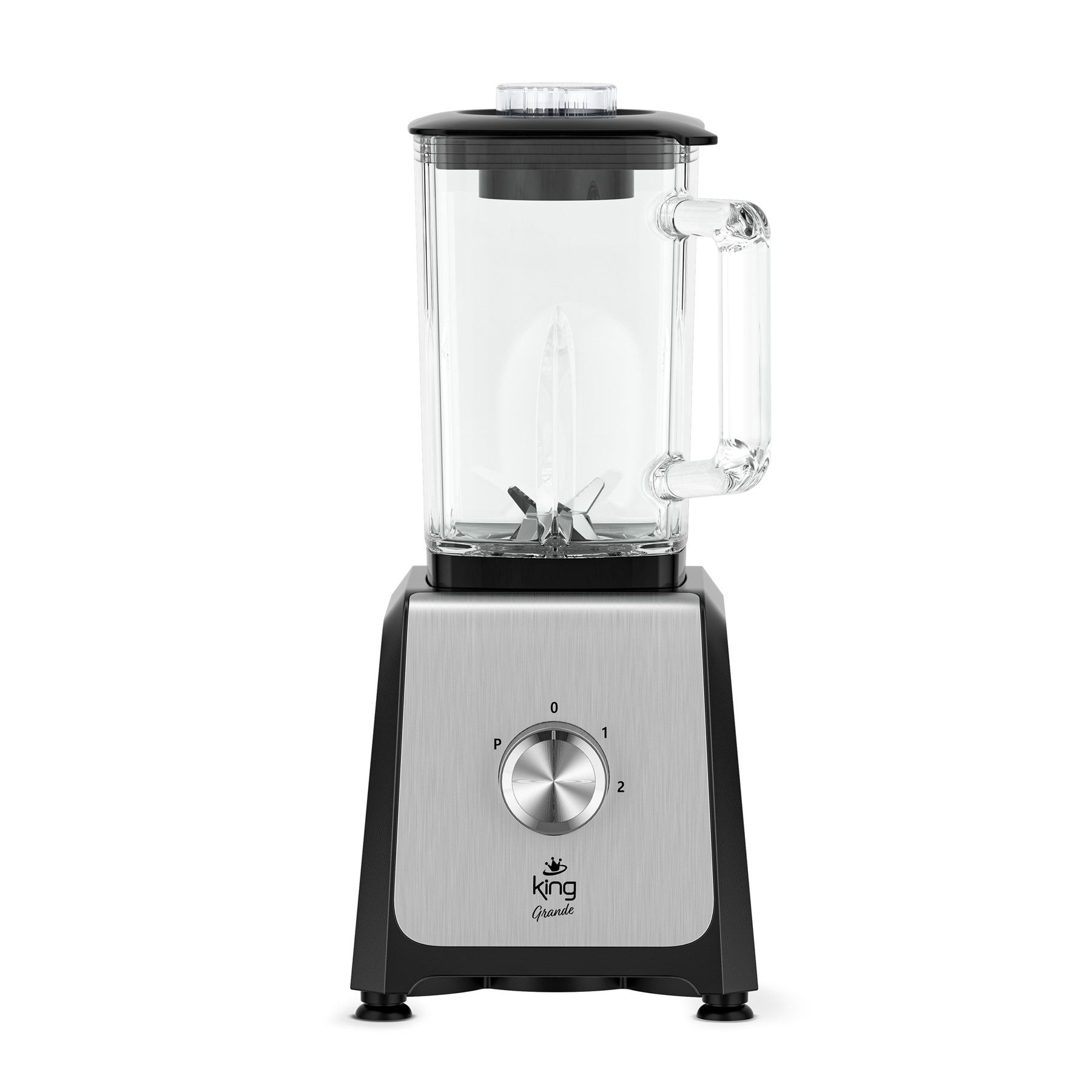 Siyah kapaklı ve gümüş kontrol panelli cam blender.