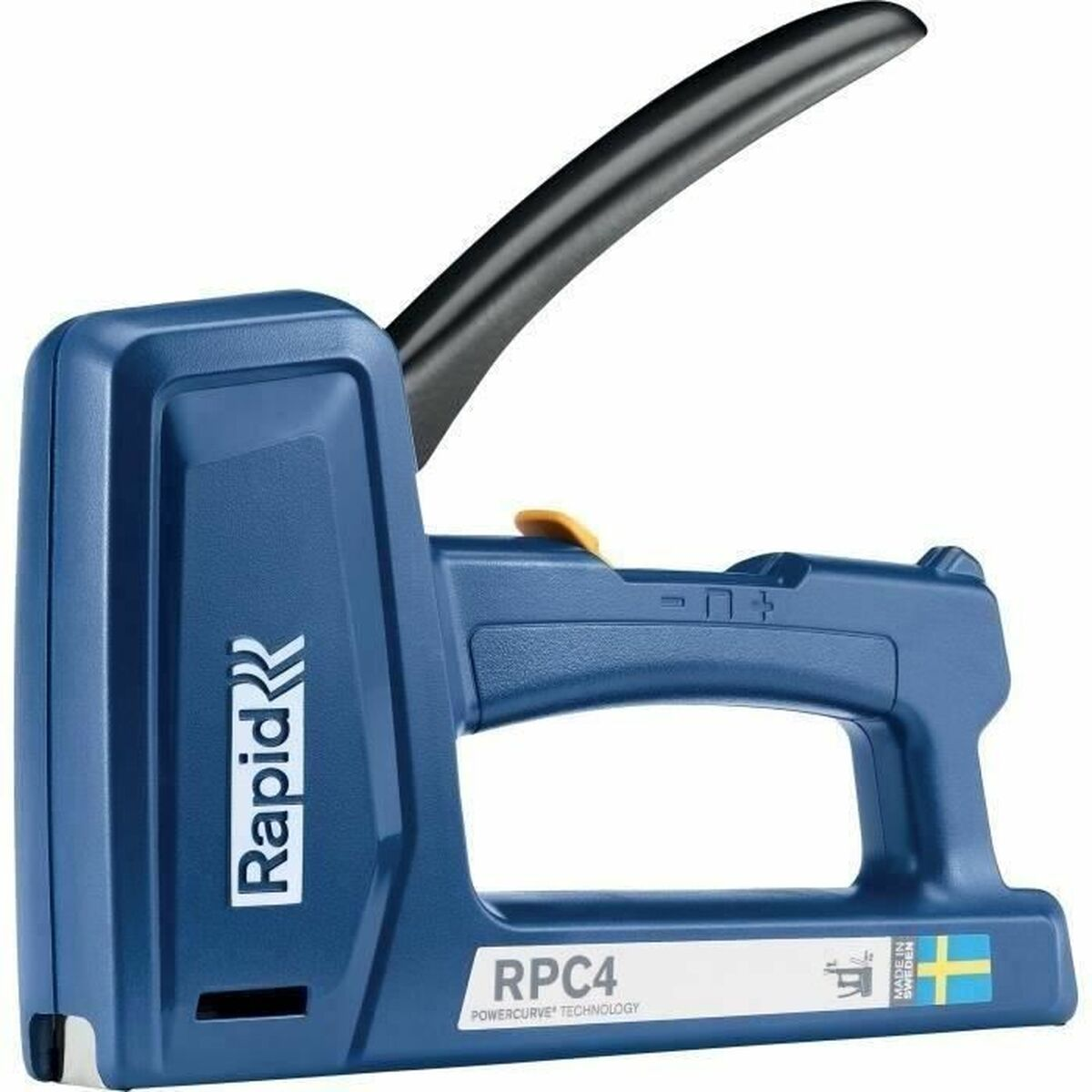 Una sparapunti Rapid RPC4 blu con manico nero e grilletto giallo.