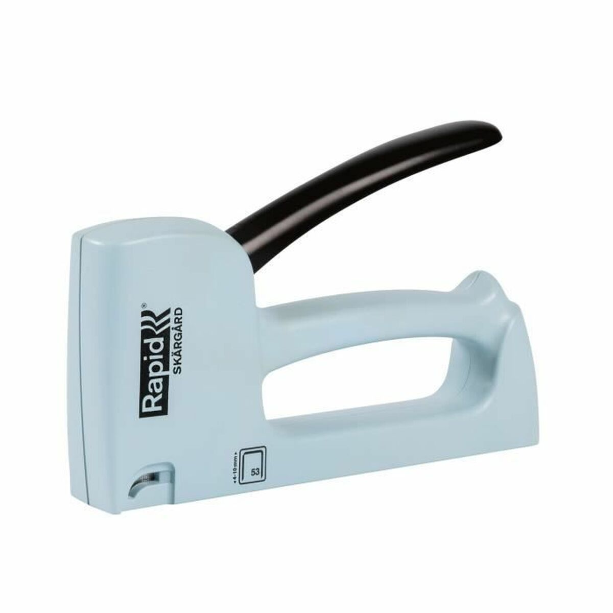 Pistola sparapunti azzurra con manico nero e logo Rapid su sfondo bianco.