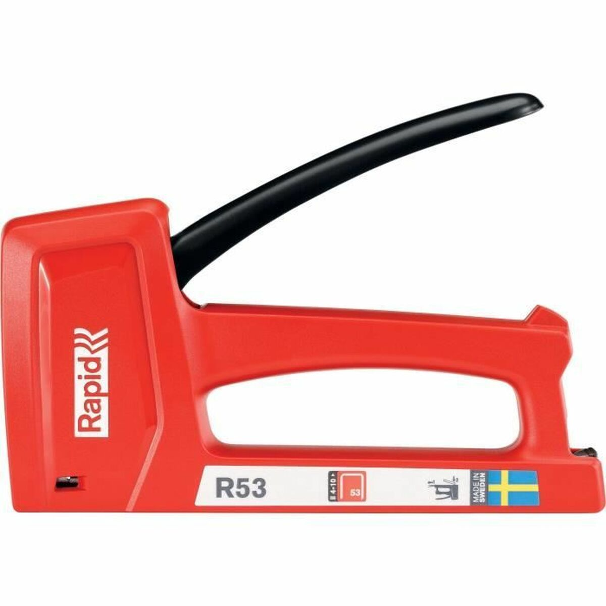 Una spillatrice Rapid R53 rossa con manico nero e bandiera svedese.