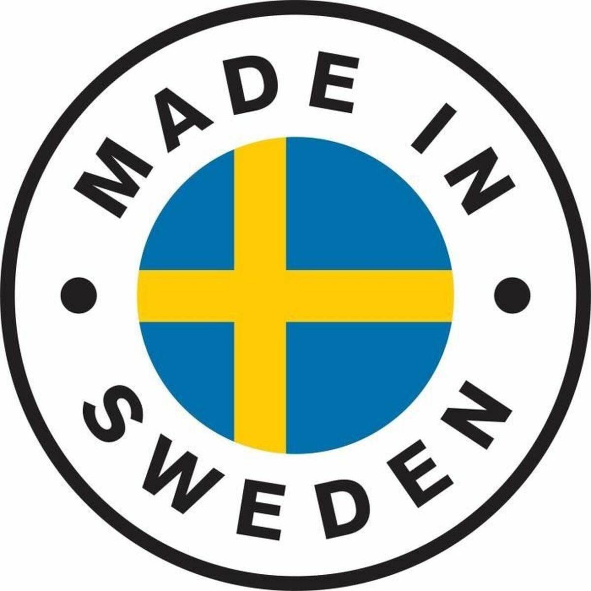Adesivo con bandiera svedese e testo 'Made in Sweden'.