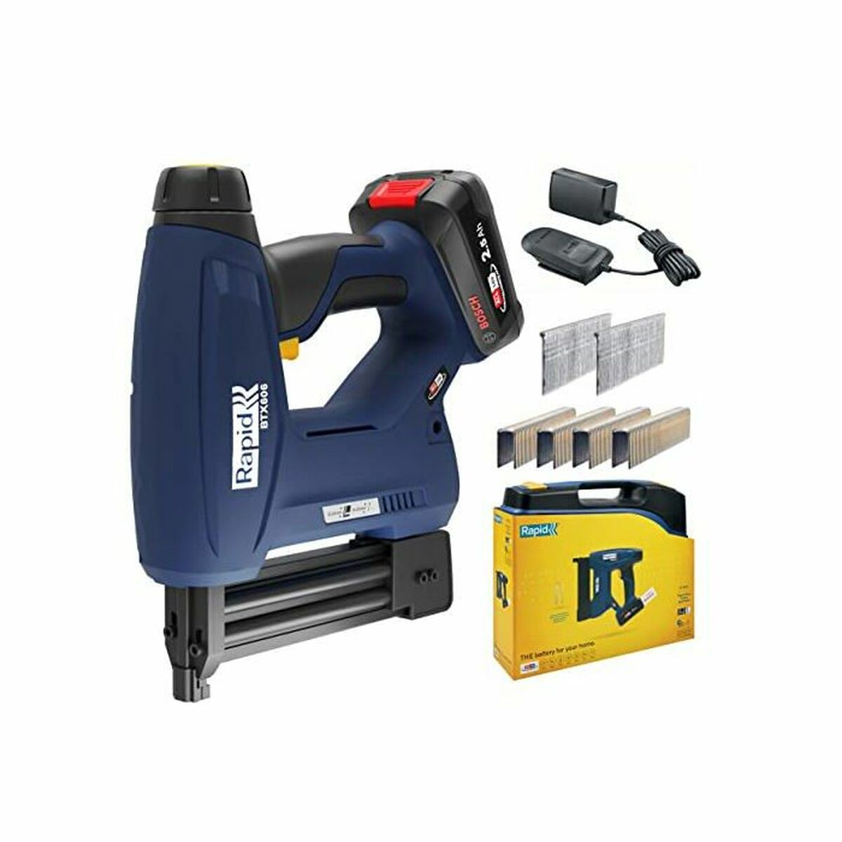 Cucitrice elettrica blu con batteria, caricabatterie, graffette e scatola.