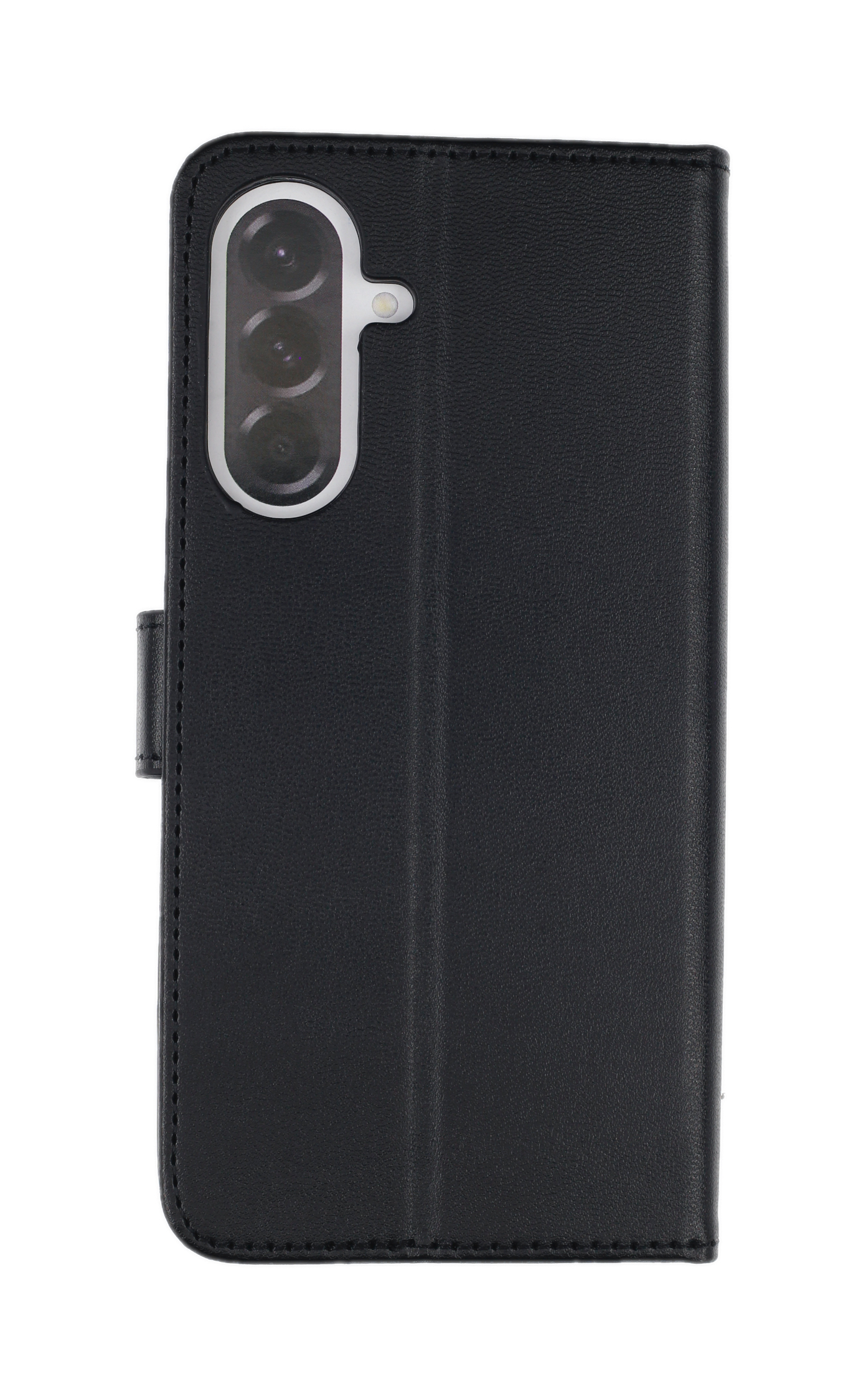 Schwarzes Handy-Flip-Case mit drei Kameralinsen und Blitz.