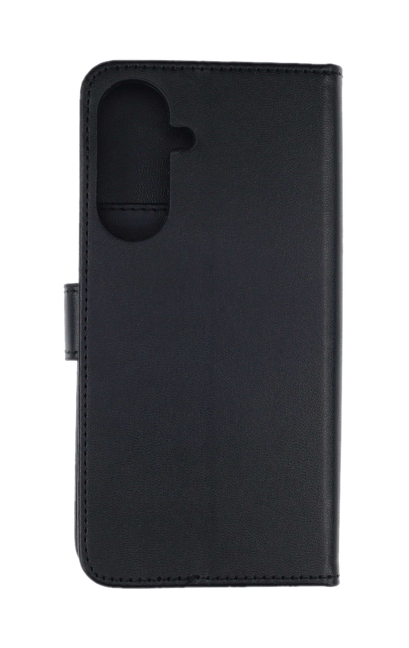 Schwarzes Leder-Flip-Case für ein Smartphone mit Aussparung für die Kamera.