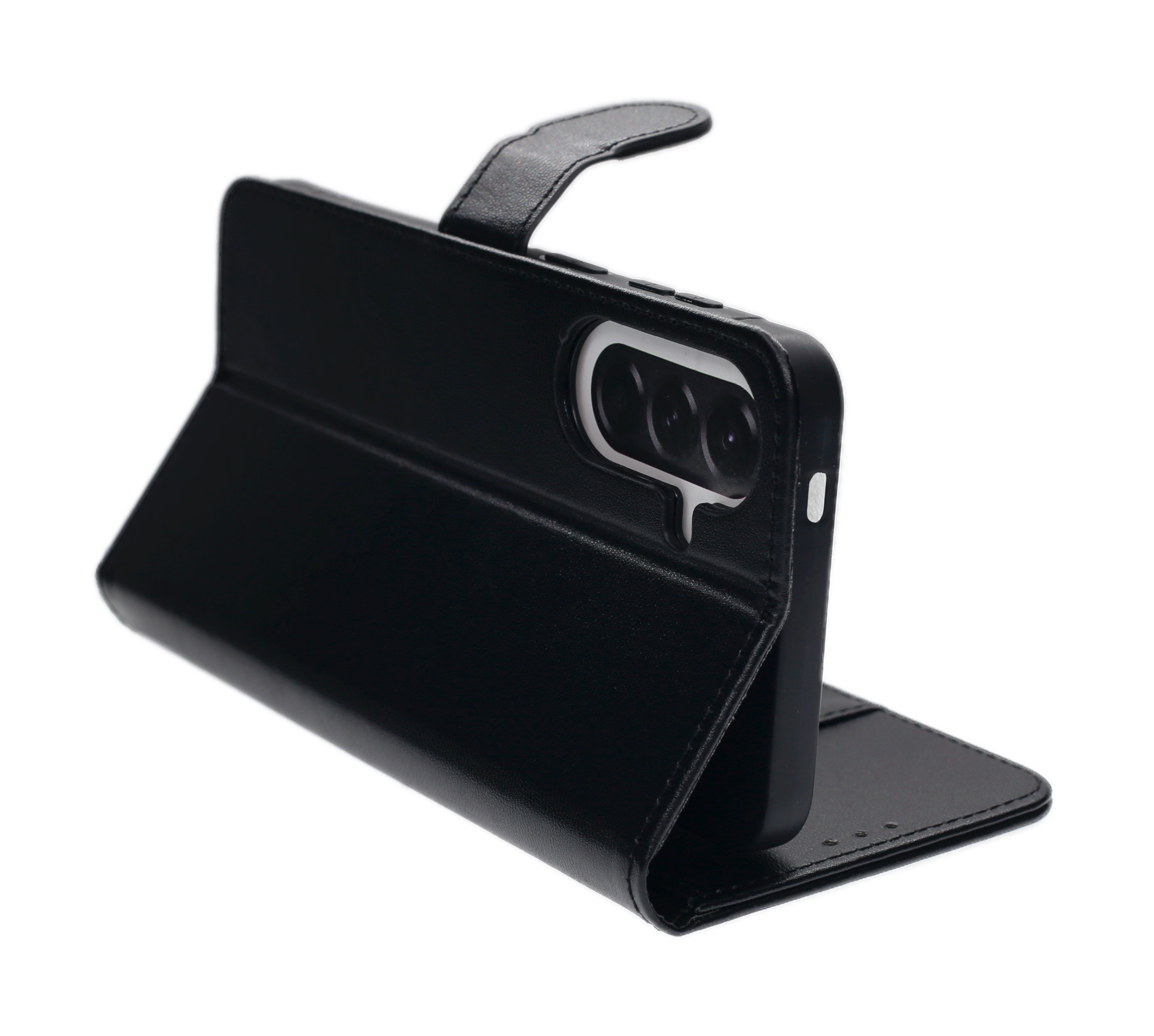 Schwarzes Leder Flip-Handyhülle mit Kameraschlitzen.